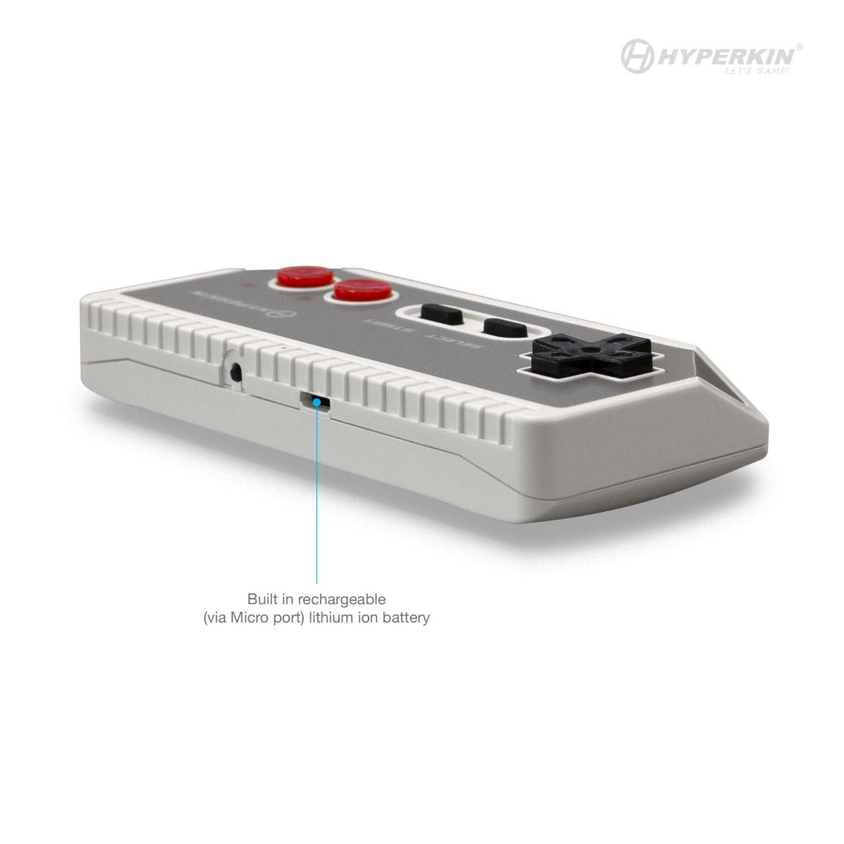 Hyperkin retro gaming controller with classic design, featuring red and black D-pad and action buttons, and built-in rechargeable lithium-ion battery with Micro USB charging port.