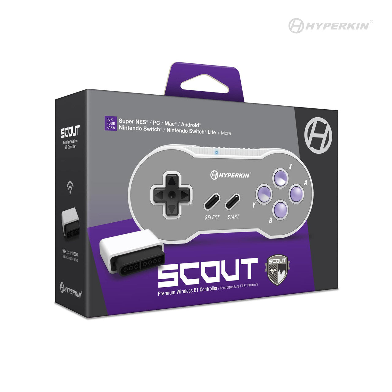 Packaging of Hyperkin Scout Premium Wireless Bluetooth Controller compatible with Super NES, PC, Mac, Android, Nintendo Switch, and Switch Lite; retro-style design with D-pad, A/B/X/Y buttons, and Select/Start, shown on purple and gray box with Hyperkin branding.