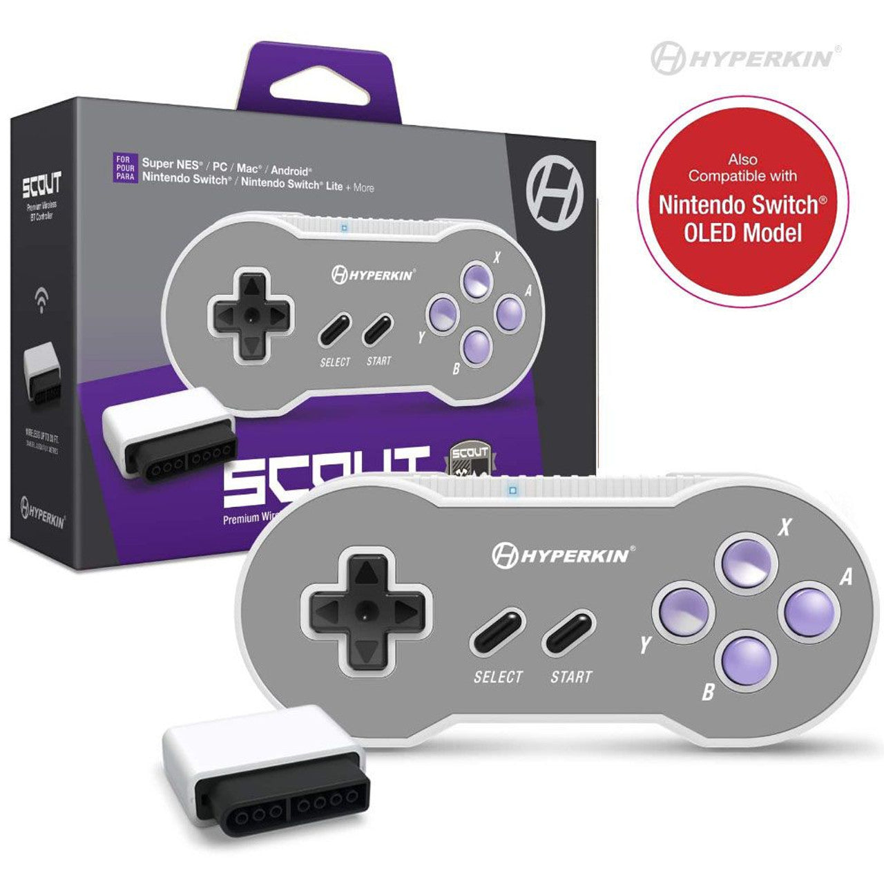Hyperkin Scout Premium Wireless Controller compatible with Super NES, PC, Mac, Android, Nintendo Switch, Switch Lite, and Switch OLED; shown in front of retail packaging.