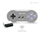 Hyperkin wireless game controller with classic design, featuring D-pad, X/Y/B/A action buttons, Select and Start buttons, and Bluetooth dongle for 30-foot wireless connectivity.