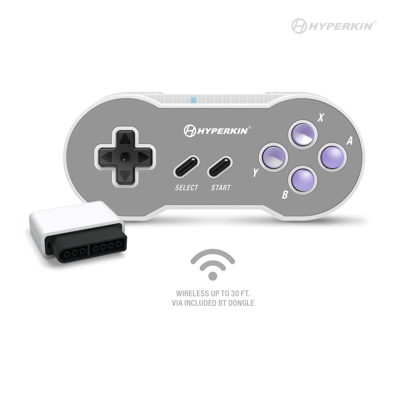 Hyperkin wireless game controller with classic design, featuring D-pad, X/Y/B/A action buttons, Select and Start buttons, and Bluetooth dongle for 30-foot wireless connectivity.