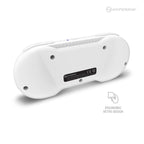 Back view of white Hyperkin controller with ergonomic retro design, featuring black product label with certification logos and Hyperkin branding.