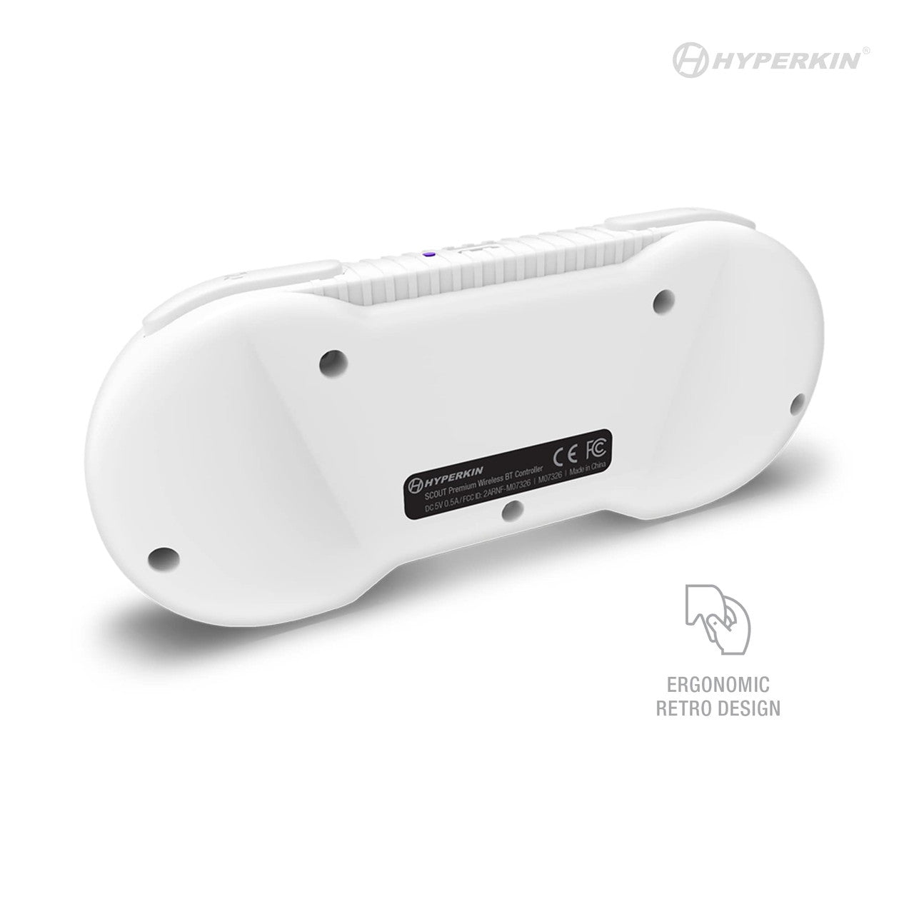 Back view of white Hyperkin controller with ergonomic retro design, featuring black product label with certification logos and Hyperkin branding.