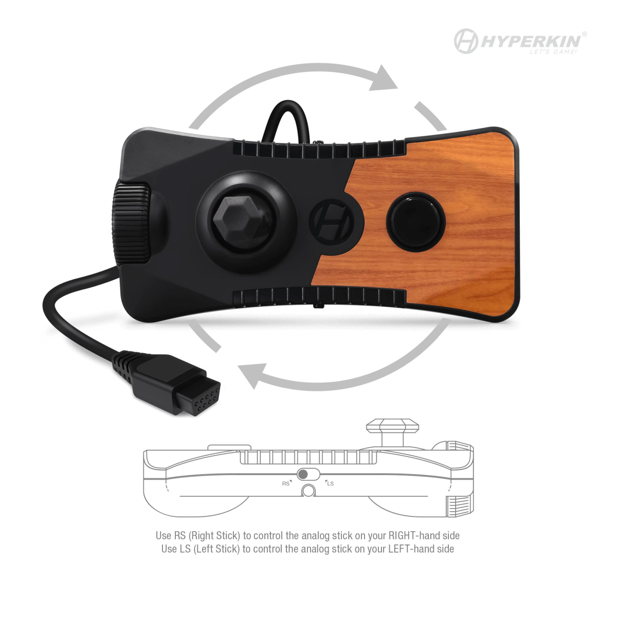 Retro-style Hyperkin gaming controller with black and wood finish, featuring labeled analog sticks (RS and LS), directional arrows for stick movement, and instructional text for left and right-hand control.