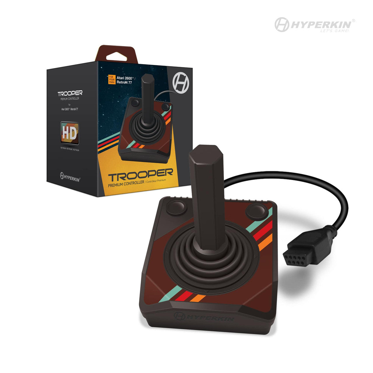 A Trooper joystick controller for Atari 2600/RetroN 77 with a 10 ft. cable, featuring a black color with red, orange, and yellow stripes on the base and a brown joystick shaft, alongside its packaging.