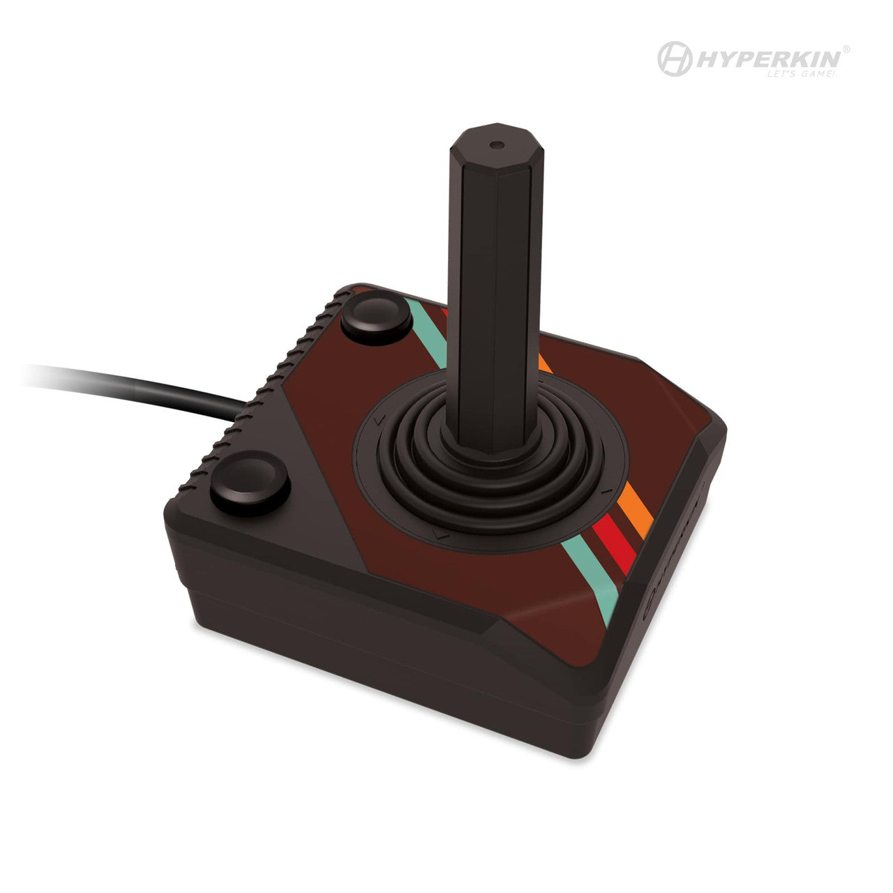 Hyperkin retro joystick controller with black base, central stick, two side buttons, colorful teal, orange, and red stripes, and cable for classic gaming.