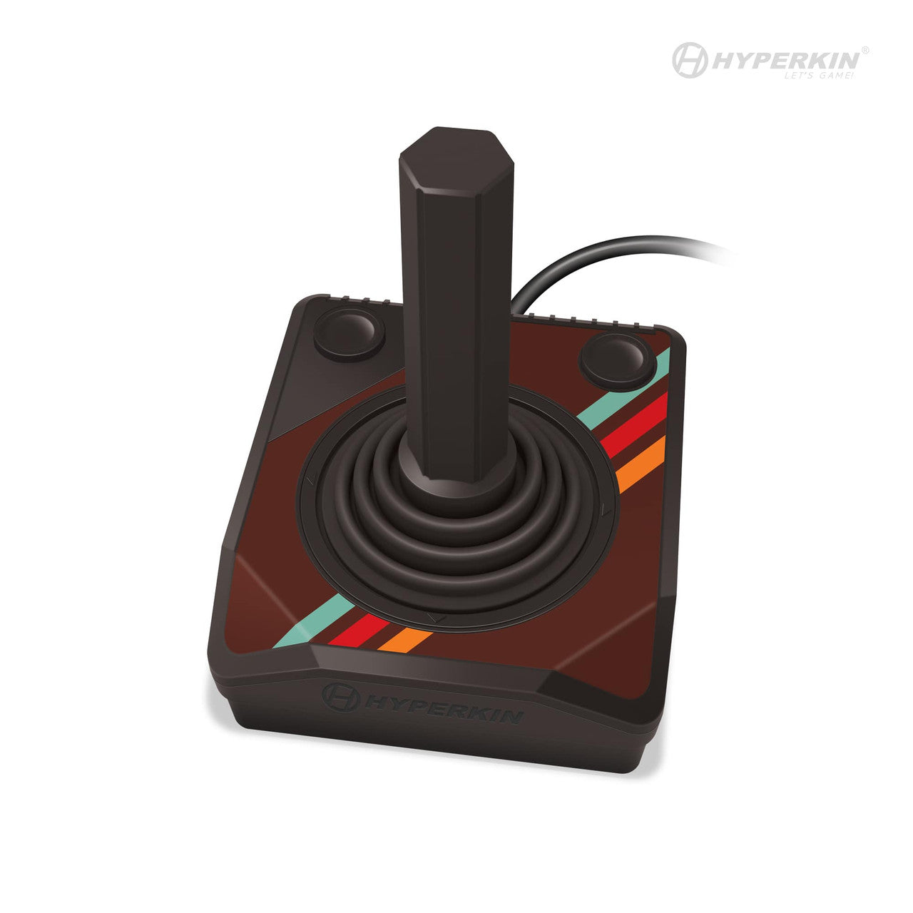 Hyperkin retro joystick controller with brown base, black joystick, and colorful stripes (teal, red, orange, yellow) – classic gaming accessory with Hyperkin logo.