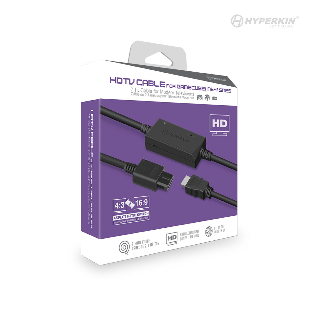 Packaging of Hyperkin HDTV Cable for GameCube, N64, and SNES. Features 7 ft. cable with aspect ratio switch (4:3 and 16:9), HD compatibility, and plug-and-play setup. Hyperkin branding visible.