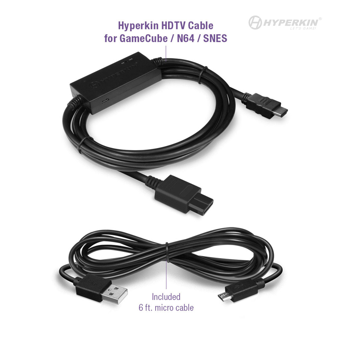 Hyperkin HDTV Cable for GameCube, N64, and SNES featuring HDMI and proprietary connectors. Includes 6 ft. micro USB cable with USB-A and micro USB ends. Designed for modern HDTV compatibility.