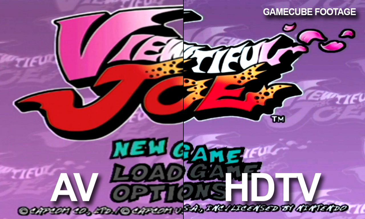 Side-by-side comparison of Viewtiful Joe game menu on AV vs HDTV. Left side shows lower resolution AV output, right side displays sharper HDTV image. Menu includes 'New Game,' 'Load Game,' and 'Options.' 'GameCube Footage' text appears in top right corner.