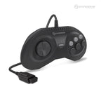 A black Hyperkin Squire game controller with a wired connection and six action buttons.