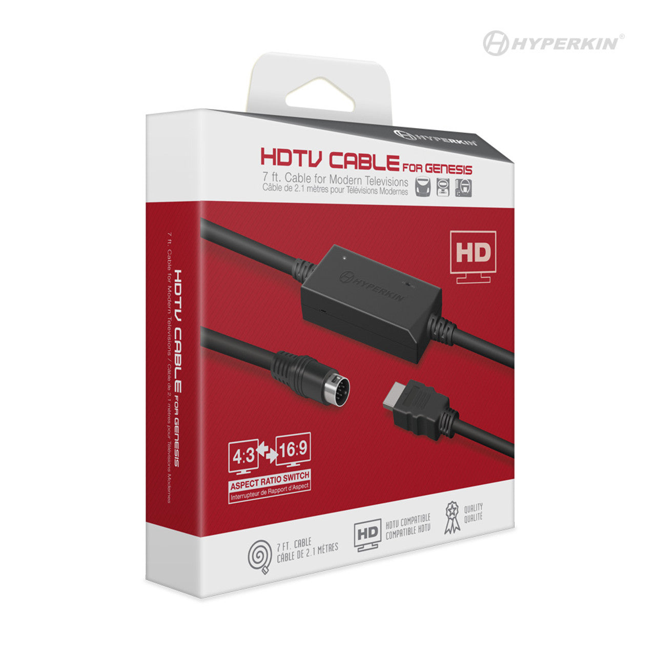 Packaging of Hyperkin HDTV Cable for Genesis, featuring red and white design with product images and text highlighting 7 ft. cable length, aspect ratio switch (4:3 and 16:9), and HDTV compatibility.