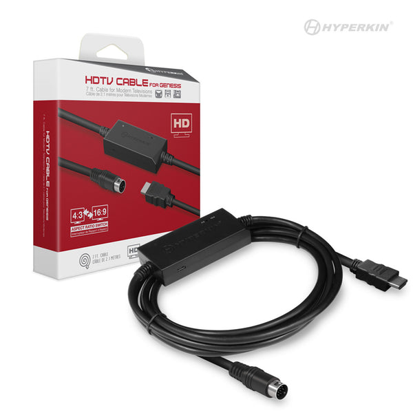 A Hyperkin HDTV Cable for Genesis, displayed alongside its packaging which features the product name and the Genesis logo.