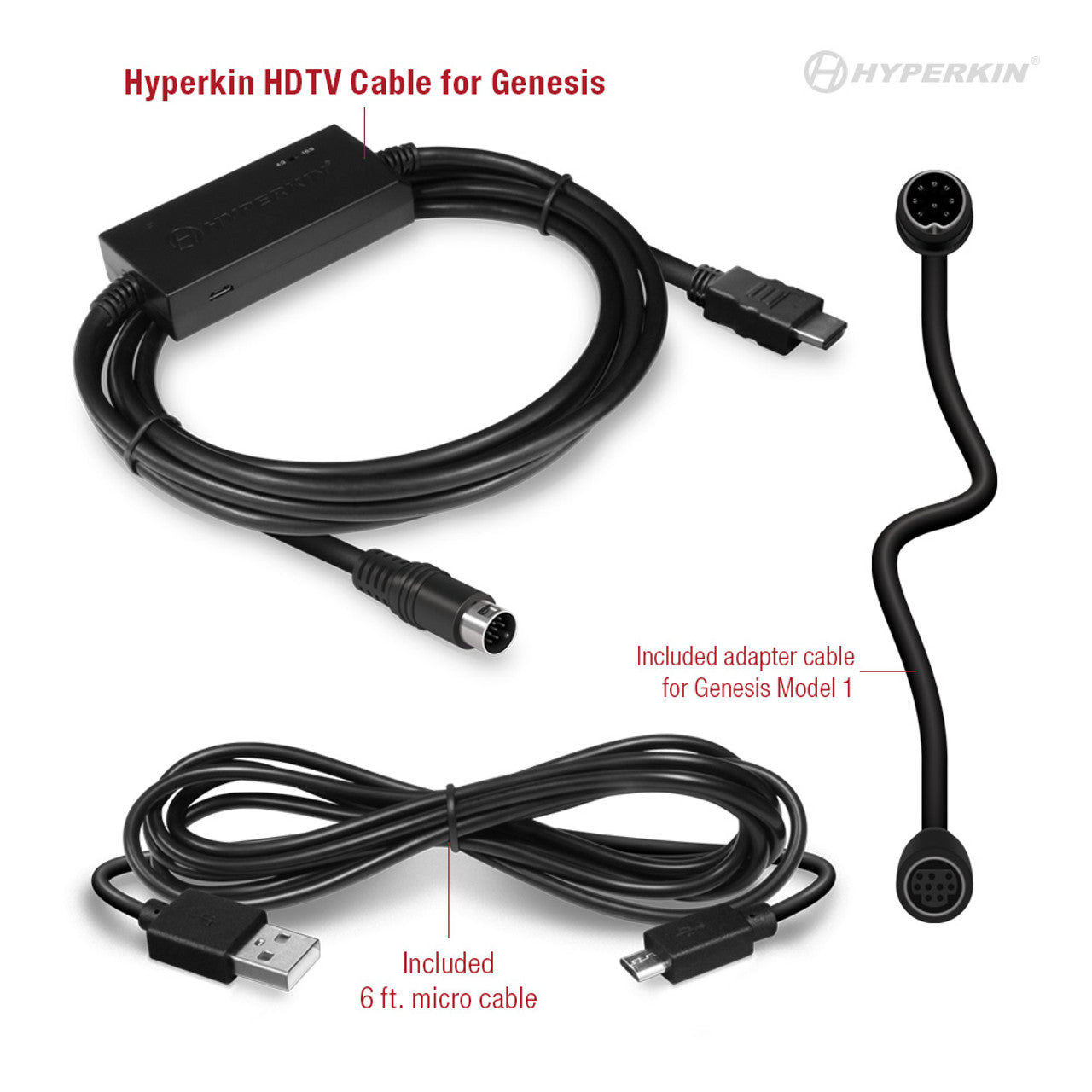 Hyperkin HDTV Cable for Genesis with HDMI and round connectors, Genesis Model 1 adapter cable, and 6 ft. micro USB cable. Hyperkin branding visible in top right corner.