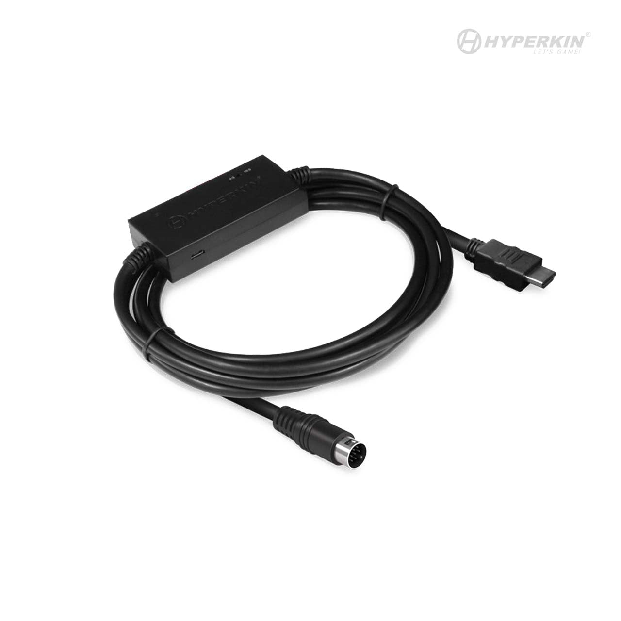 Hyperkin HDMI cable adapter for retro gaming consoles, featuring black rectangular unit with Hyperkin logo and 'Let's Game' slogan. Includes HDMI and multi-pin connectors, with cable coiled in circular shape.