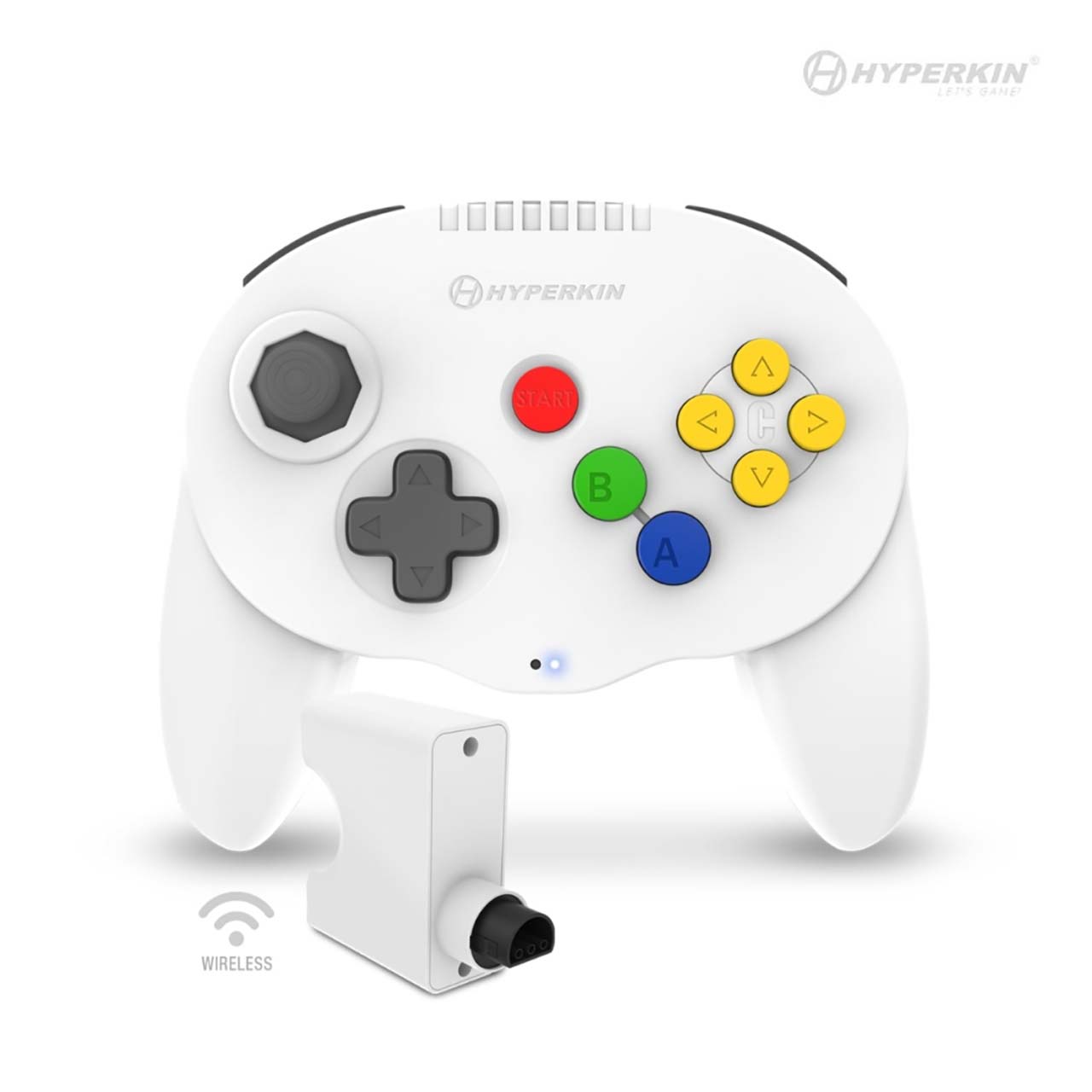 A wireless game controller resembling a classic N64 design, with a purple translucent body, a gray directional pad, and multicolored buttons.