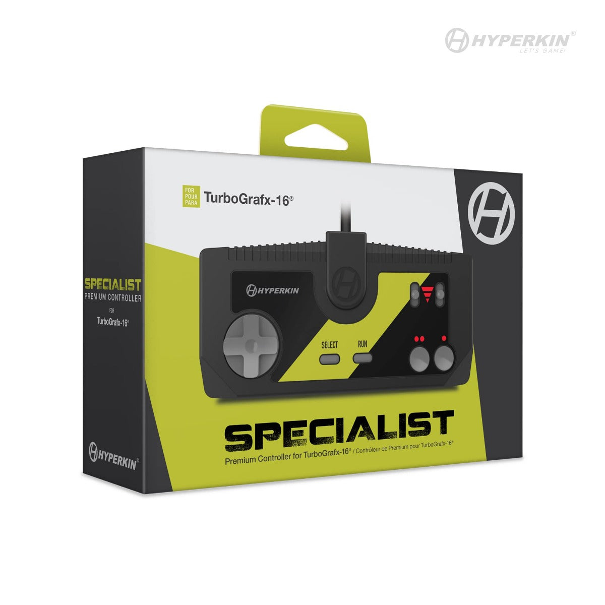 Product box for Hyperkin 'SPECIALIST' premium controller for TurboGrafx-16, black and yellow design with an image of the controller featuring a D-pad, Select and Run buttons, and two action buttons. Hyperkin logo and text 'Let's Game!' are visible.