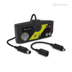 A black gaming controller with a yellow accent, featuring an ergonomic design, turbo function, and a 10ft cable.