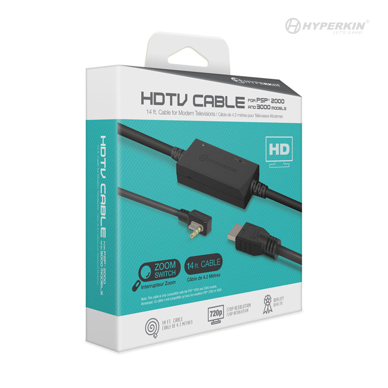 Product packaging for Hyperkin HDTV Cable for PSP 2000/3000, white with teal accents. Shows cable image and highlights features like zoom switch, 14 ft. length, 720p support, and HDTV compatibility.