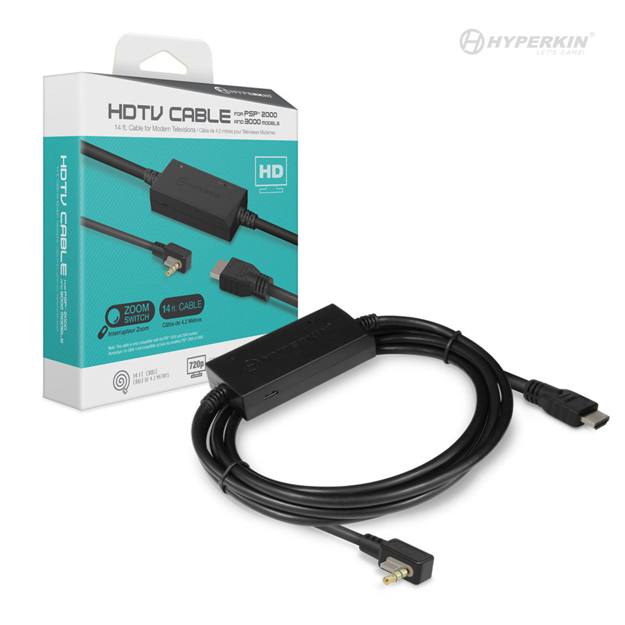 The image shows a black HDTV cable with a box packaging that has 'HDTV CABLE' written on it. The cable is designed to connect a handheld device to a HDTV, and it includes a Micro USB connector and a 3.