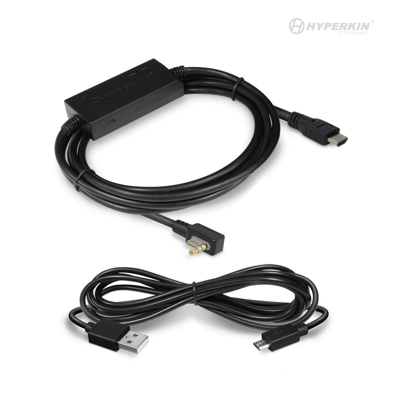 Two black cables: a Hyperkin HDMI cable with an adapter box and 3.5mm audio jack, and a coiled USB to micro-USB charging cable.