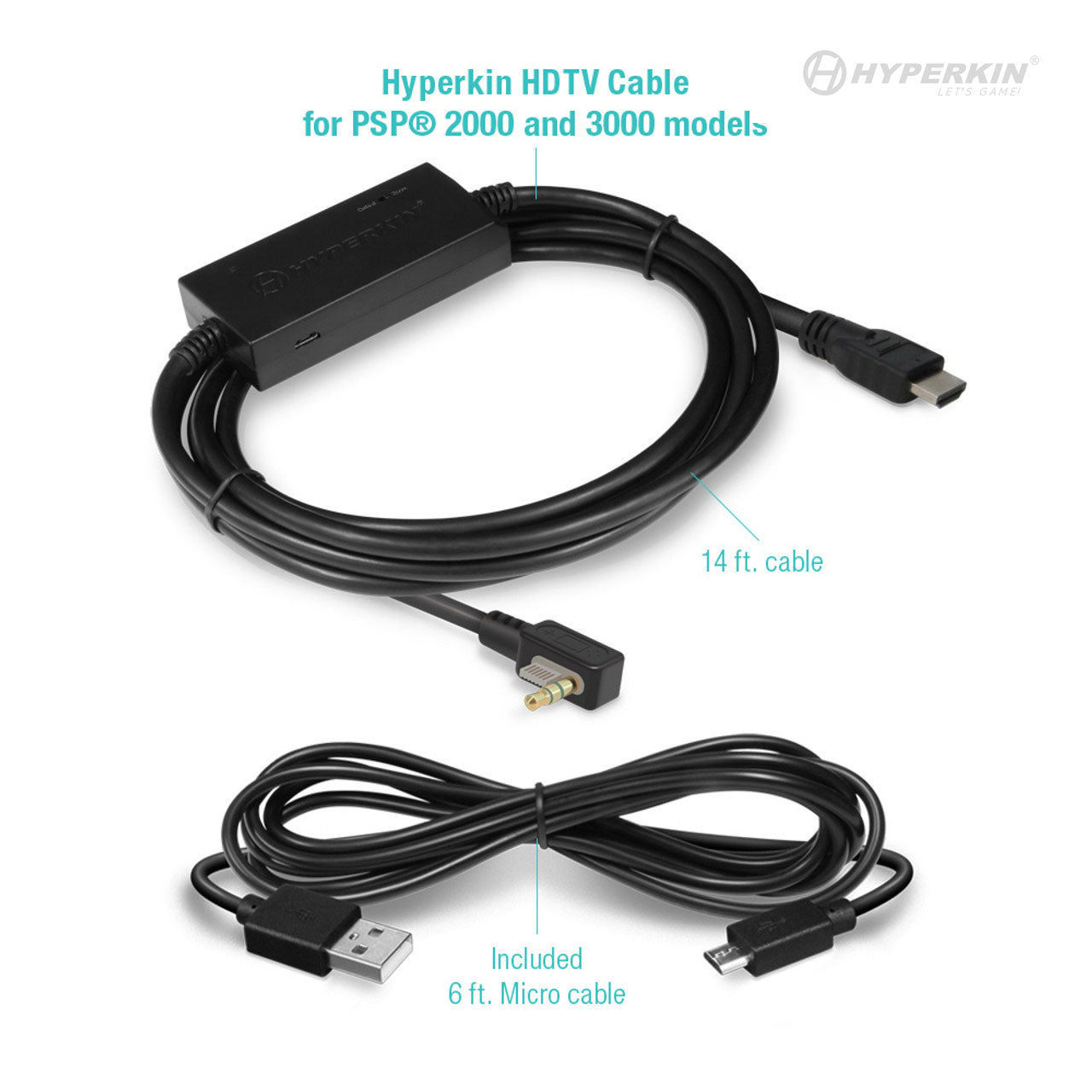 Hyperkin HDTV Cable for PSP 2000/3000 models with a 14 ft. HDMI-to-specialized connector cable and an included 6 ft. micro-USB cable. Hyperkin logo and product name displayed at the top.