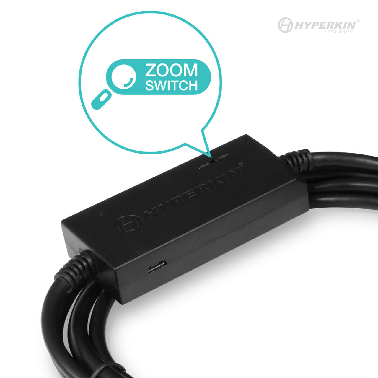 Black Hyperkin device with cables on both ends and a switch labeled 'NORMAL' and 'ZOOM.' A speech bubble highlights the Zoom Switch with a magnifying glass icon. Hyperkin logo and 'LET'S GAME!' appear in the top right corner.