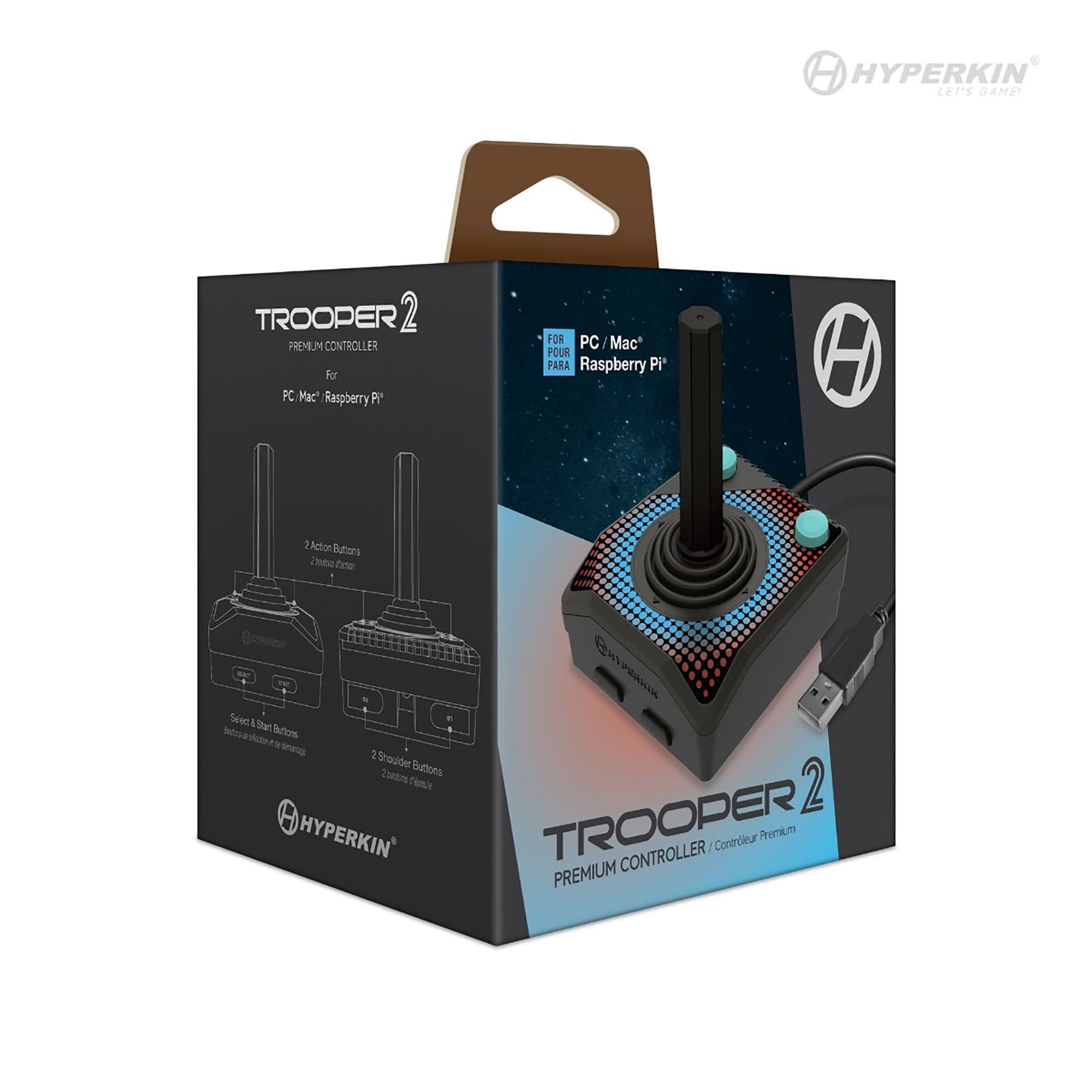 Packaging of Hyperkin Trooper 2 Premium Controller for PC, Mac, and Raspberry Pi, featuring joystick with USB connection, two extra top buttons, shoulder buttons, and iconic layout for enhanced gaming experience.