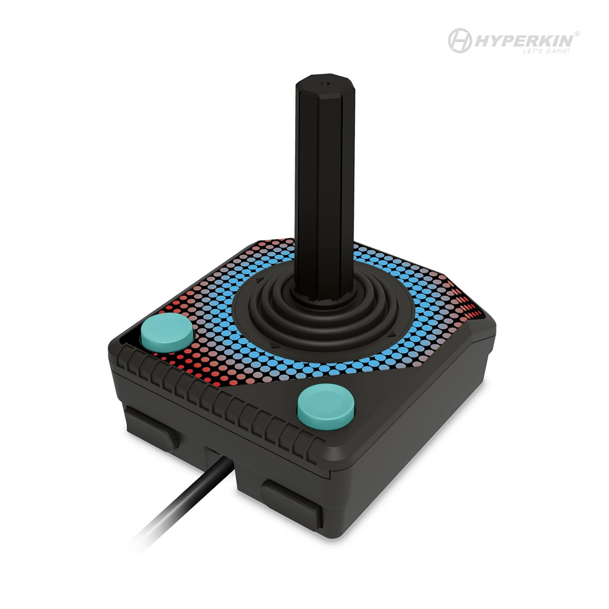 Retro-style black Hyperkin joystick with tall hexagonal stick, circular rubber boot, two light blue buttons, and red-blue dot pattern on base; includes Hyperkin logo and 'Let's Game!' slogan.