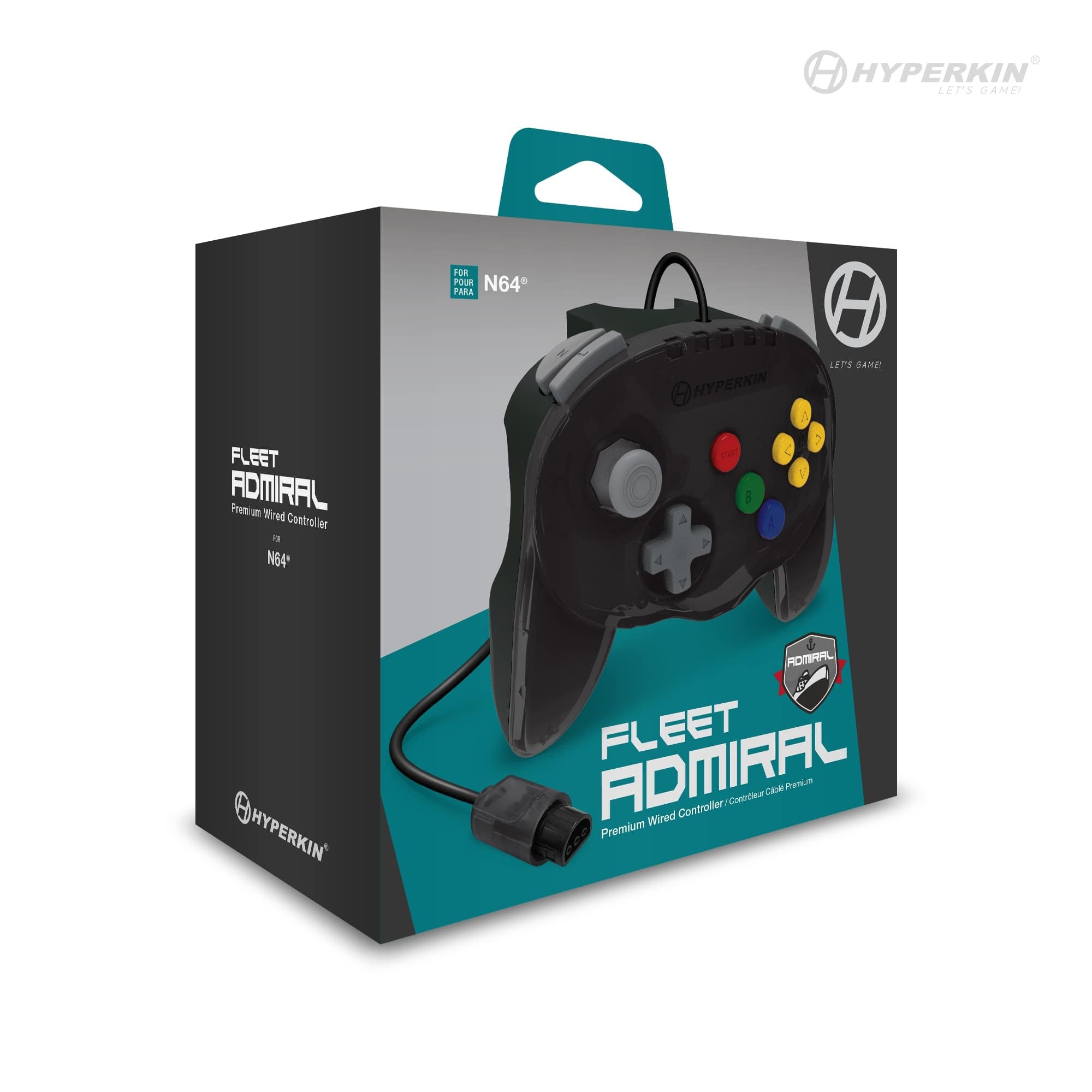 Product box for Hyperkin Fleet Admiral Premium Wired Controller for N64 with multicolor buttons and gray joystick.
