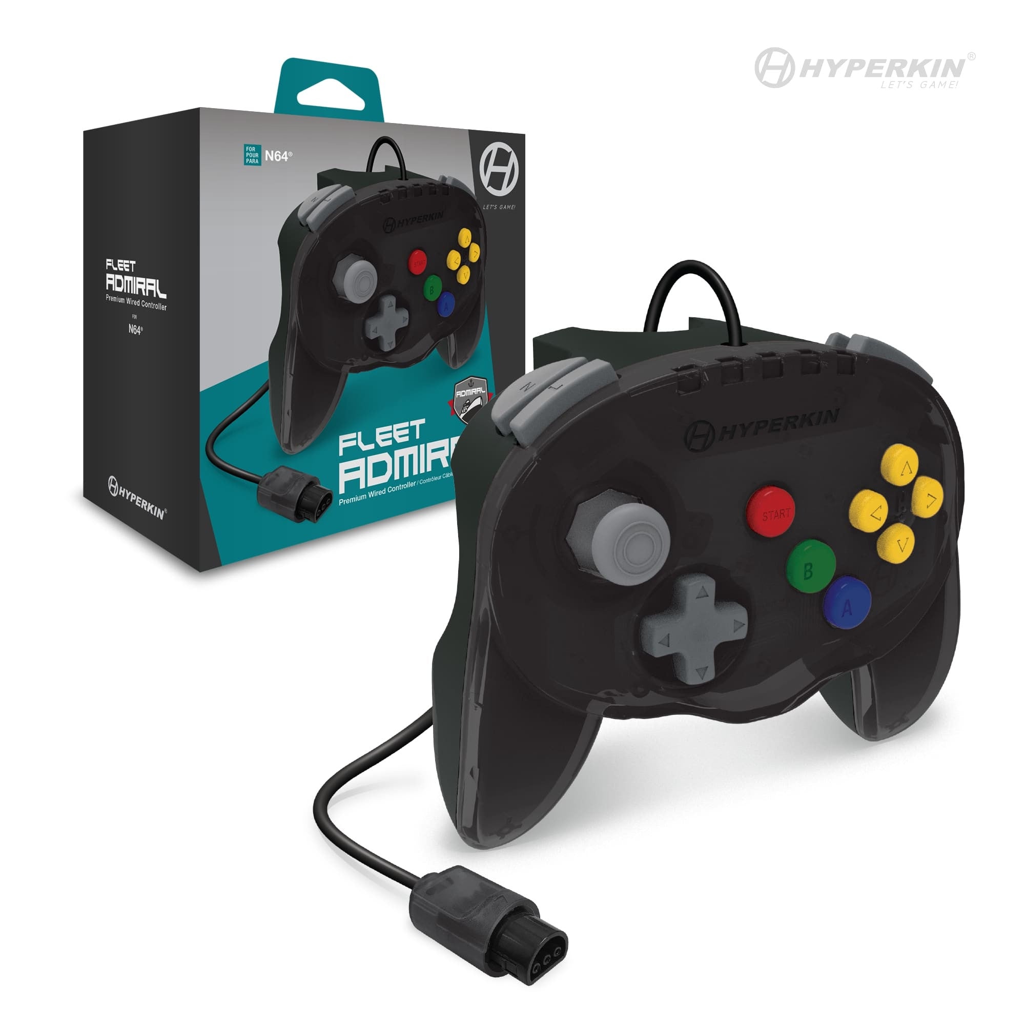 Black Hyperkin Fleet Admiral Premium Wired Controller for N64 with multicolor buttons and classic design.