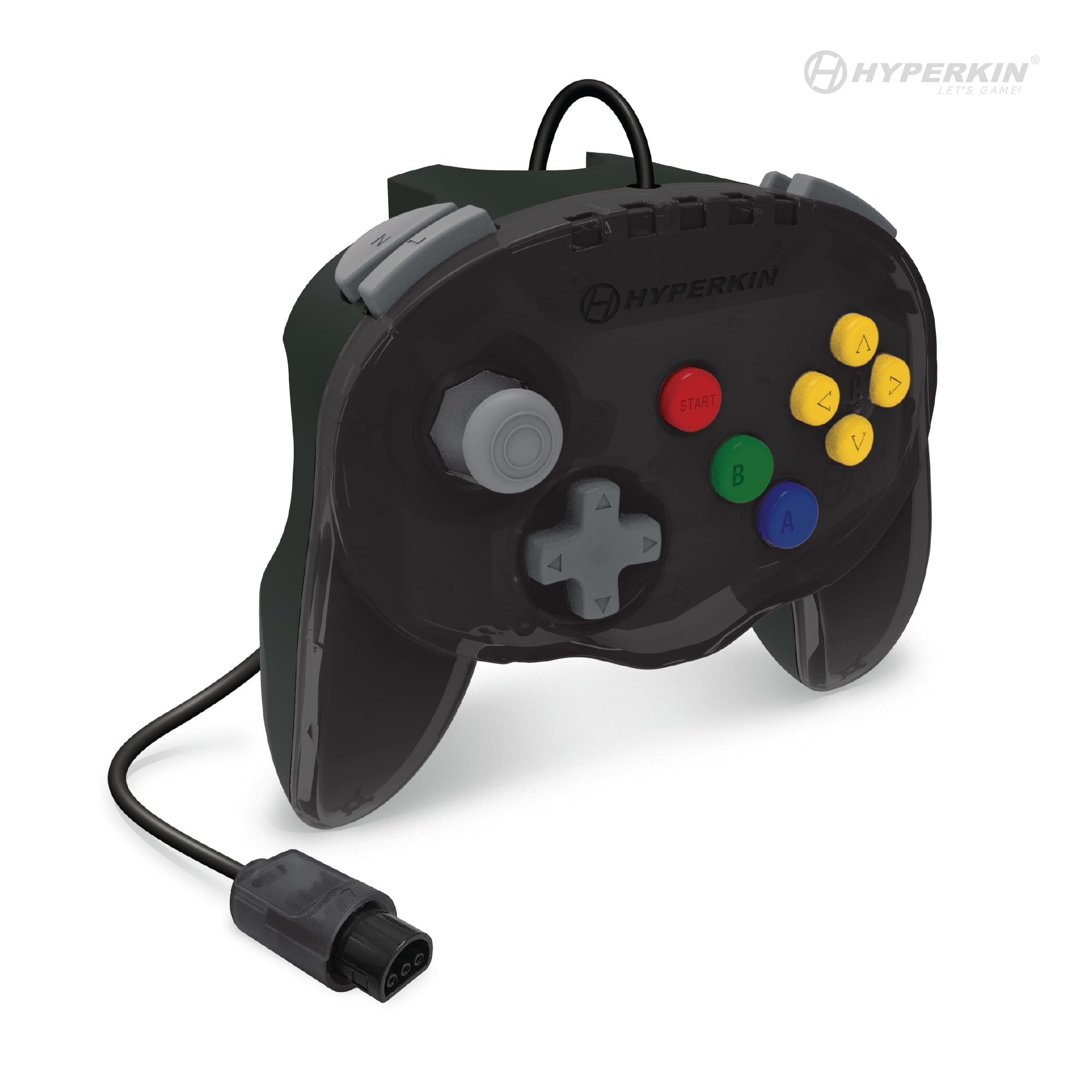 A black game controller with a two-handle ergonomic design, a high-performance analog joystick, and multicolored buttons.