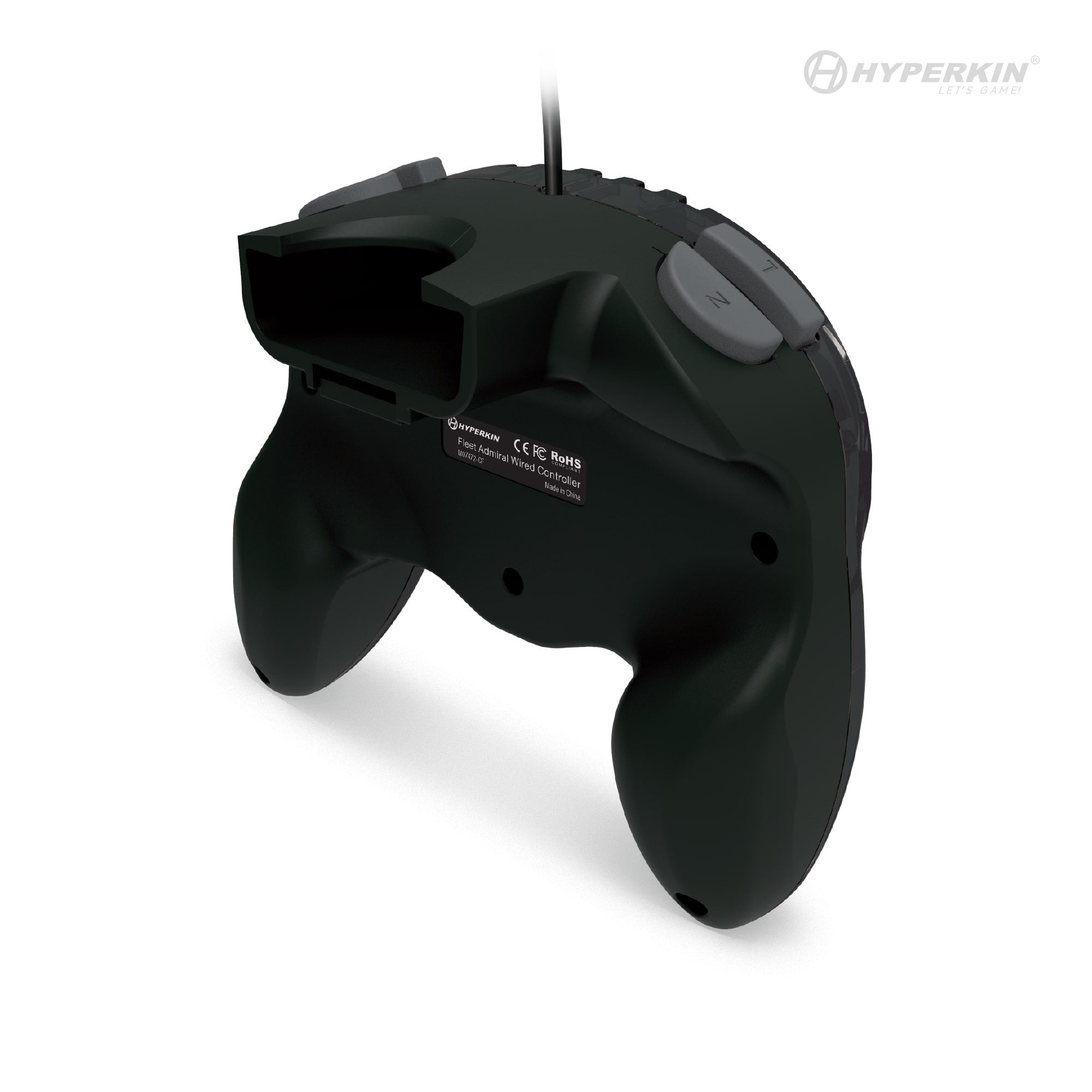 Back view of black Hyperkin gaming controller with ergonomic grips, shoulder buttons, and top cable.
