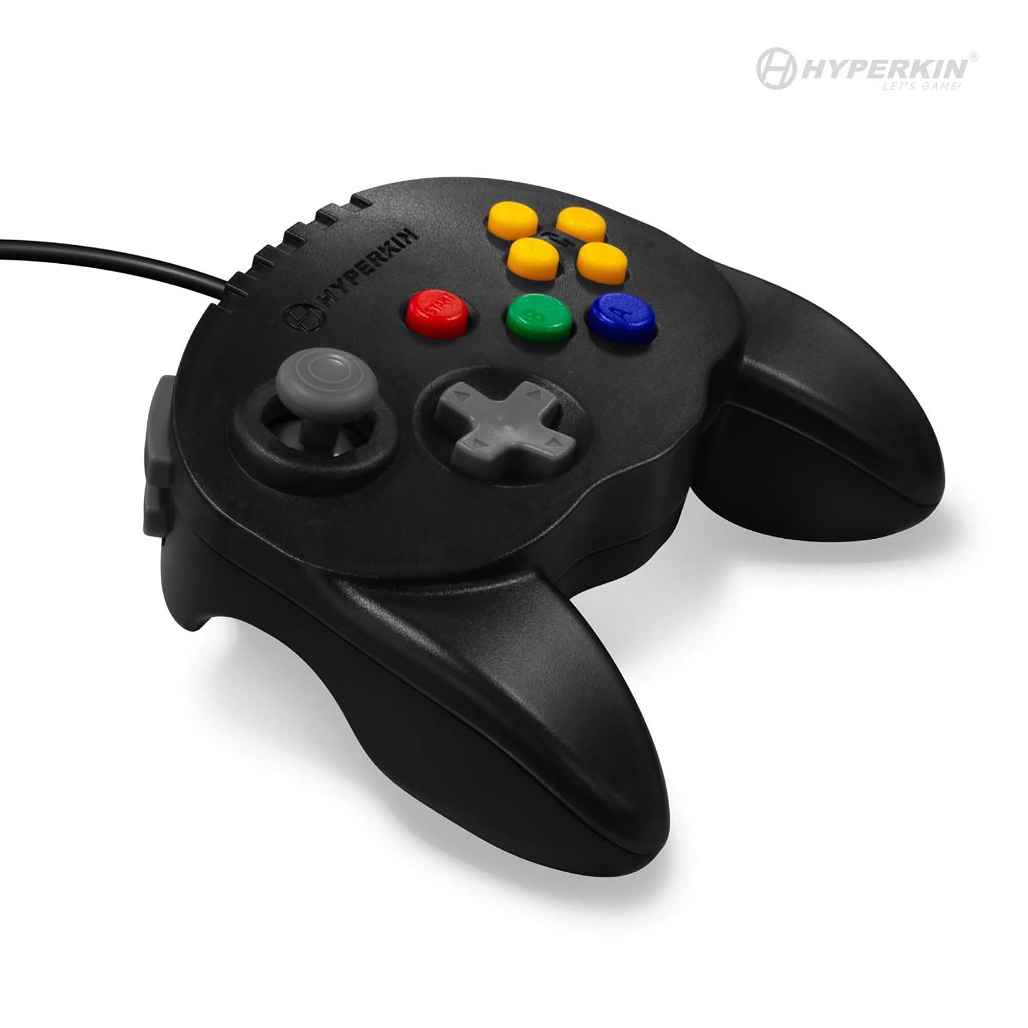 Black Hyperkin game controller with ergonomic handles, gray joystick and D-pad, and multicolor action buttons.