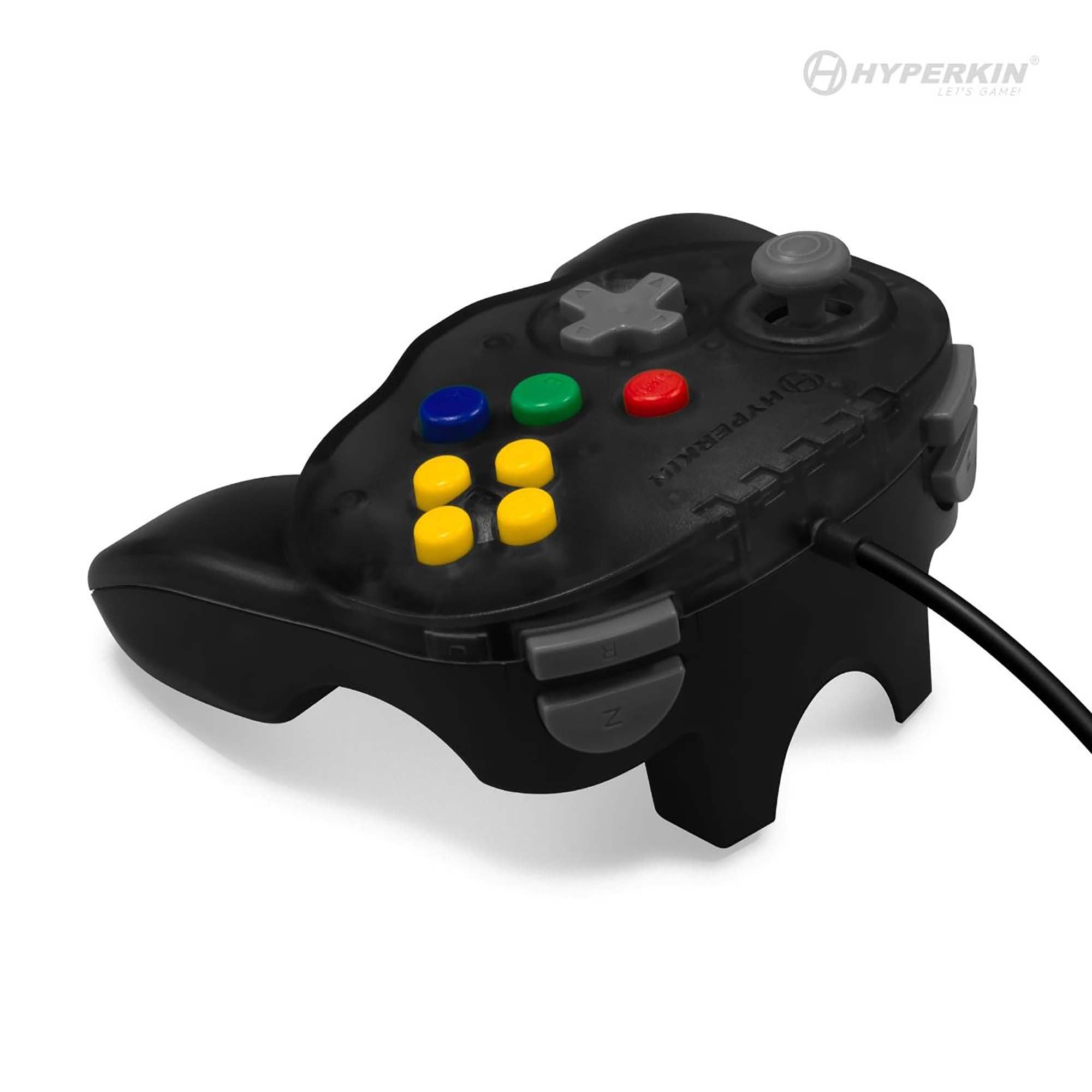 Black Hyperkin game controller with ergonomic design, gray D-pad, analog stick, six yellow buttons, and multicolor function buttons.