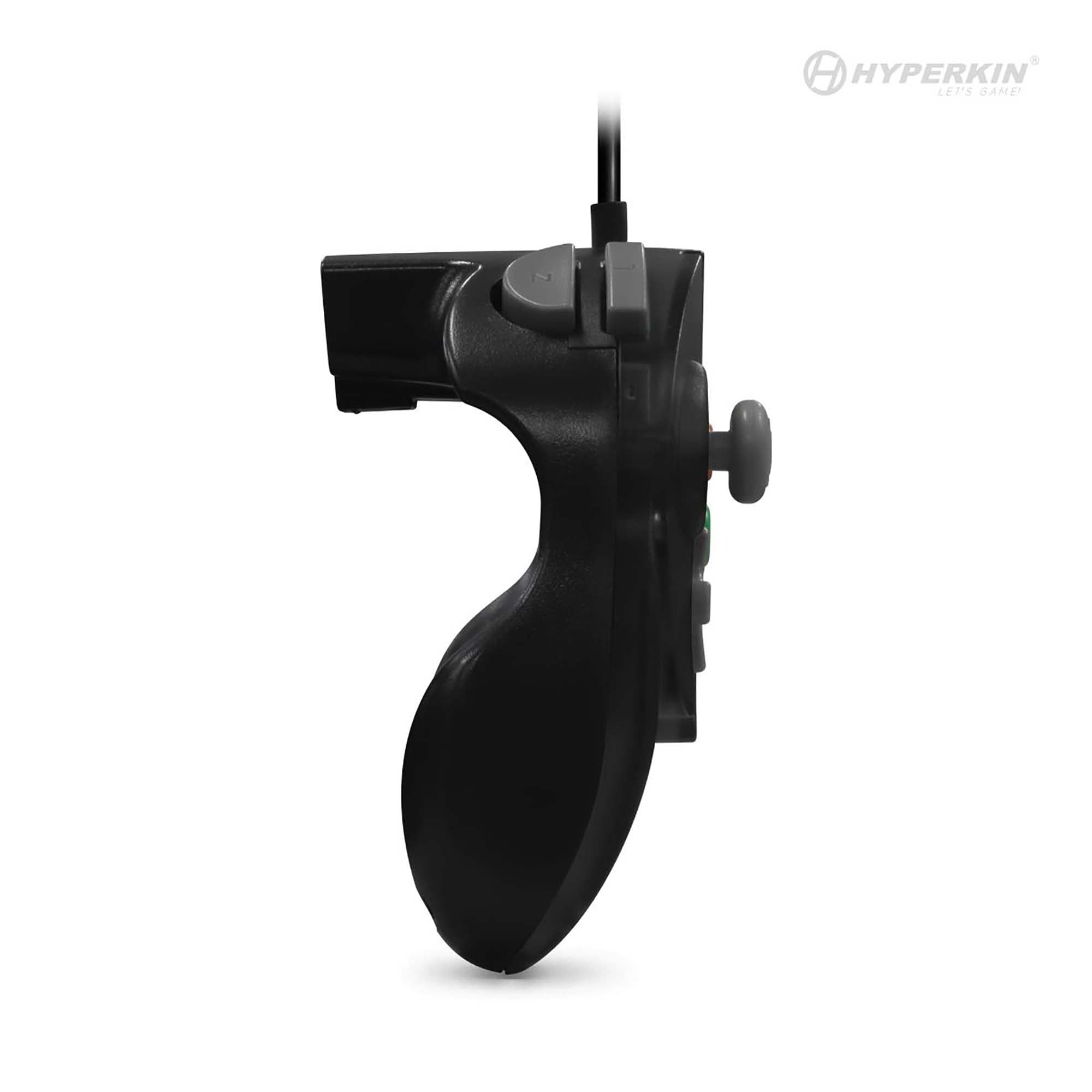 Side view of black Hyperkin gaming controller with ergonomic grip, joystick, and top cable.