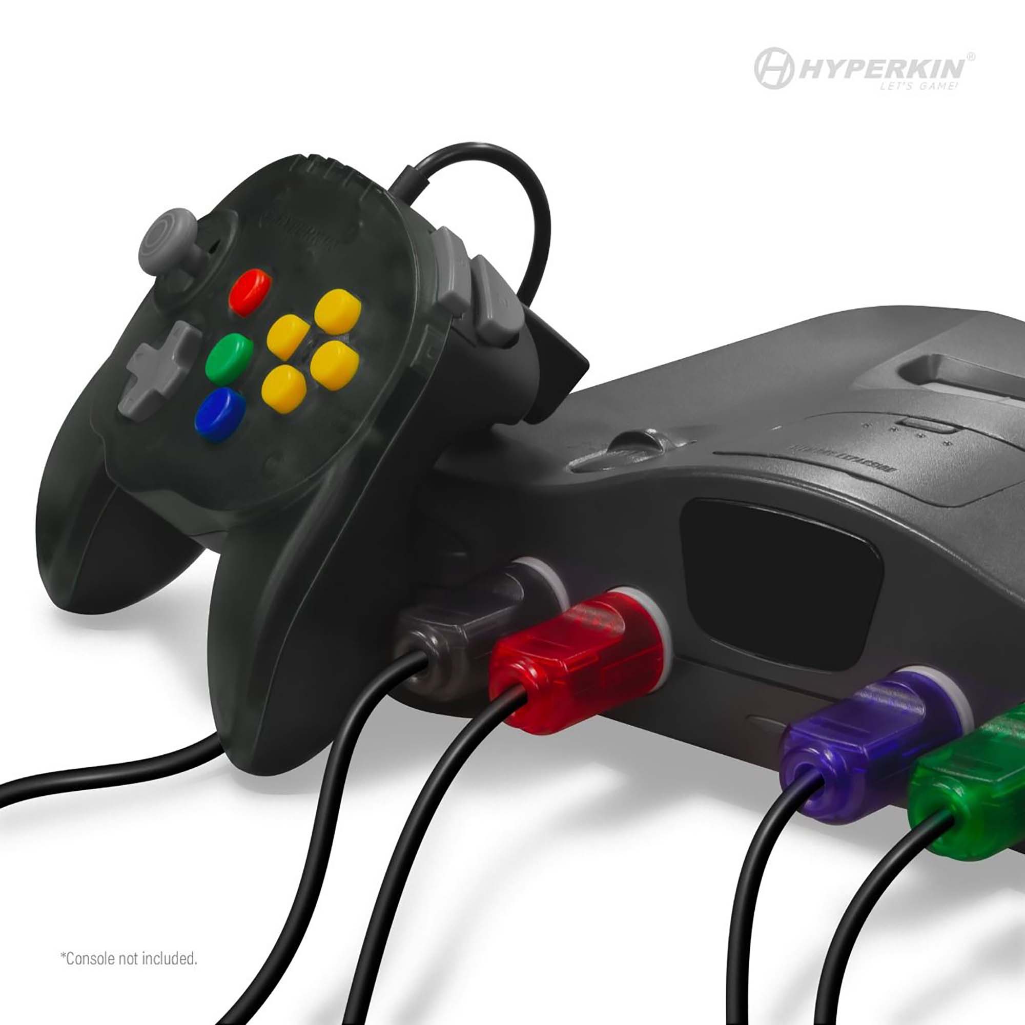 Hyperkin gaming controller with joystick, D-pad, and colored buttons connected to console with multi-colored cables.