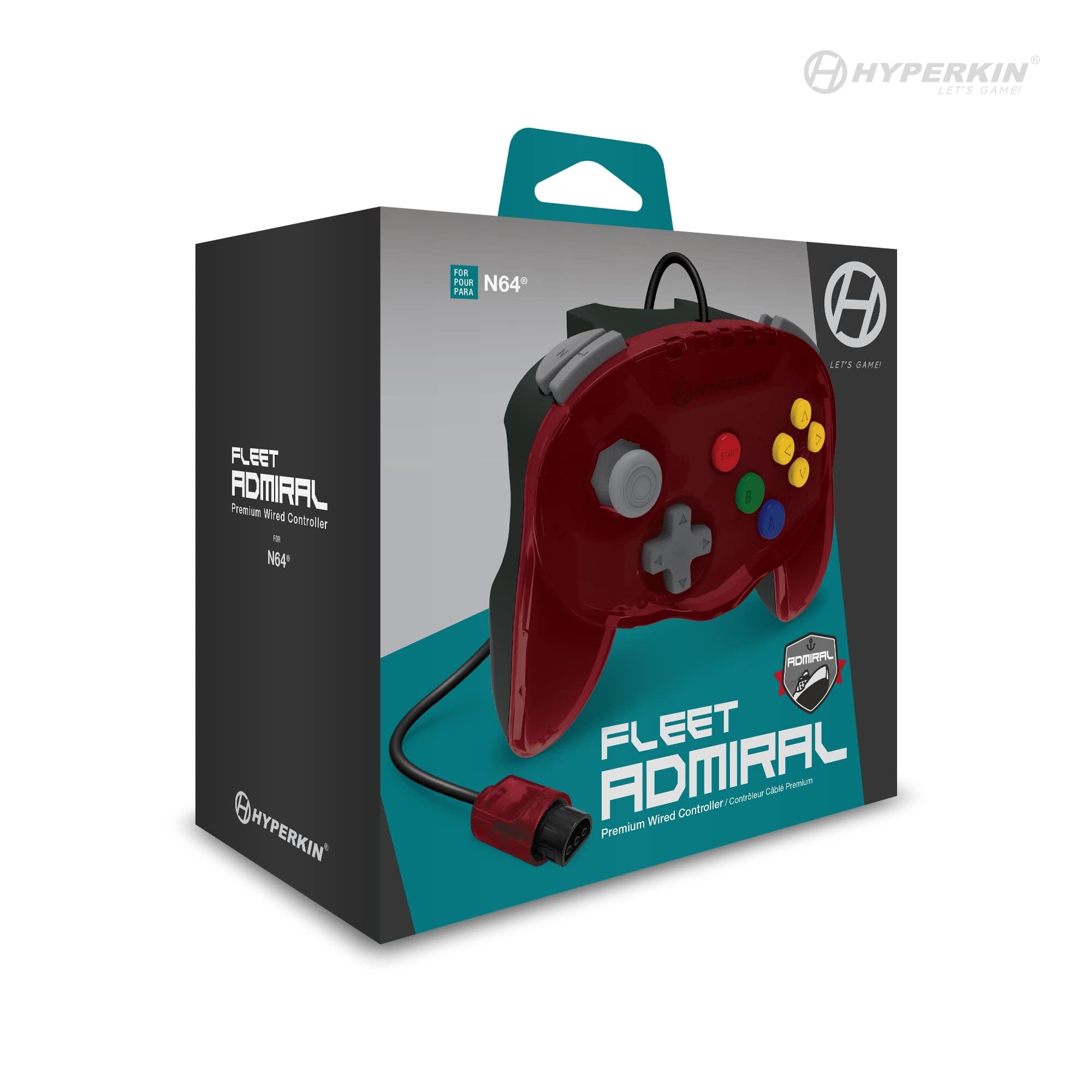 Packaging of Hyperkin Fleet Admiral Premium Wired Controller for N64 with red controller and multicolor buttons visible through window.