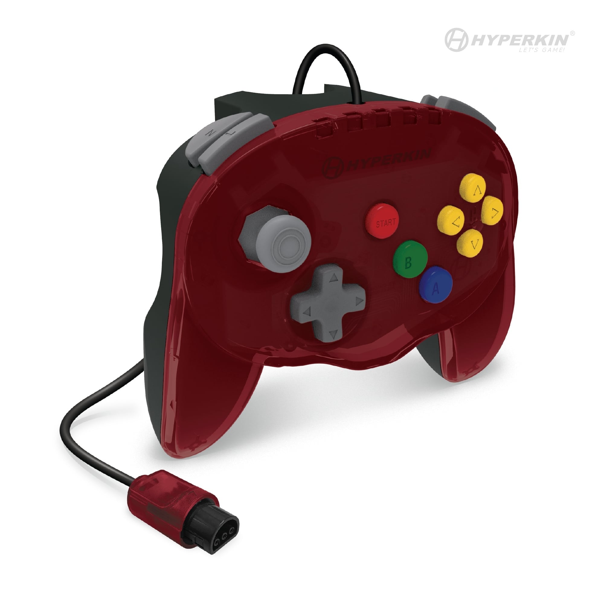 A Red game controller with a two-handle ergonomic design, a high-performance analog joystick, and multicolored buttons.