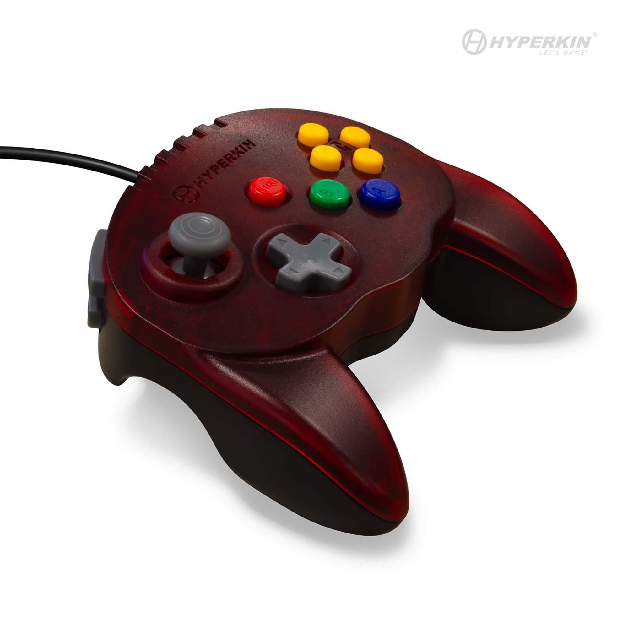 Dark red and black Hyperkin gaming controller with analog stick, D-pad, and multicolor action buttons.