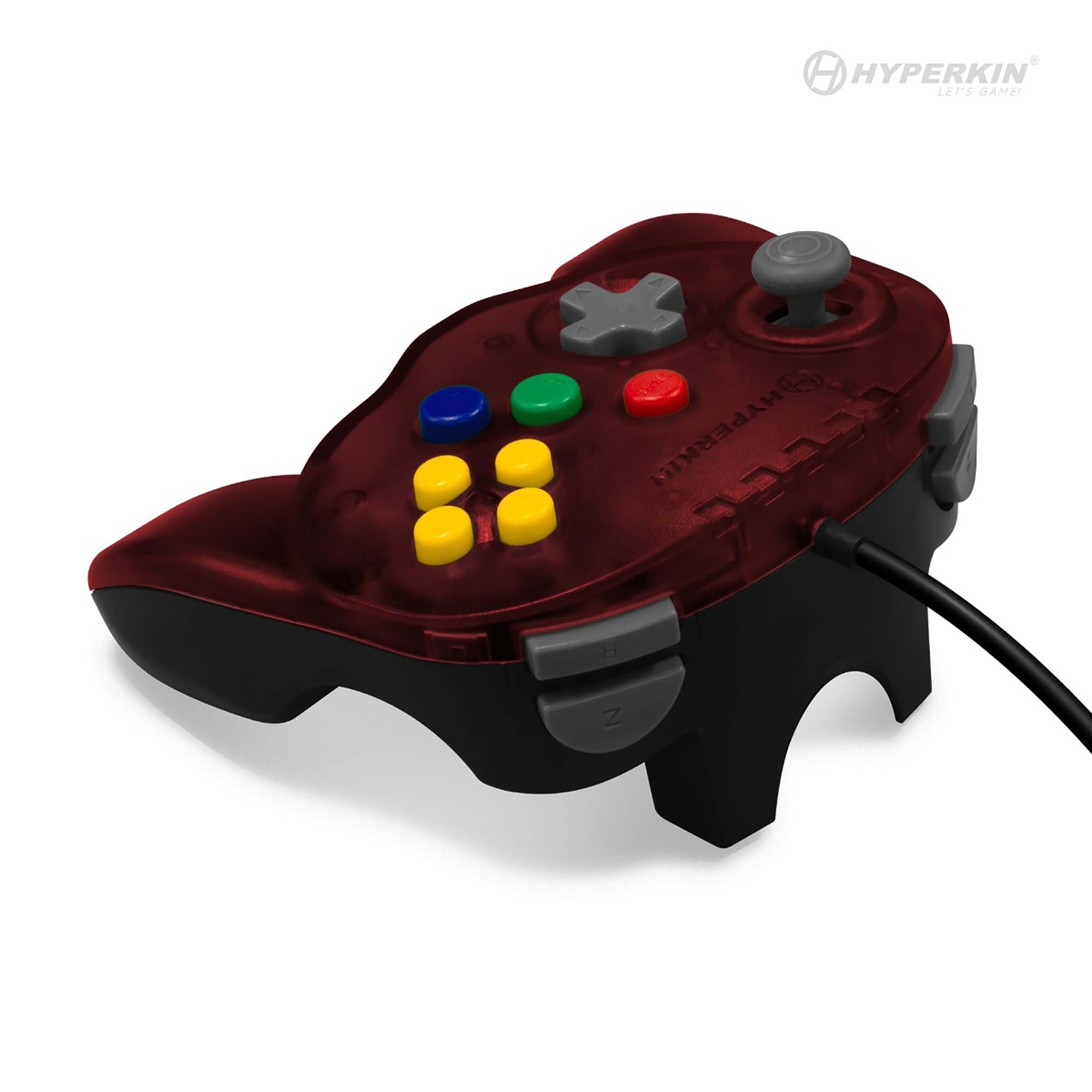 Translucent red and black Hyperkin video game controller with analog stick, D-pad, multicolor buttons, and dual Z shoulder buttons.
