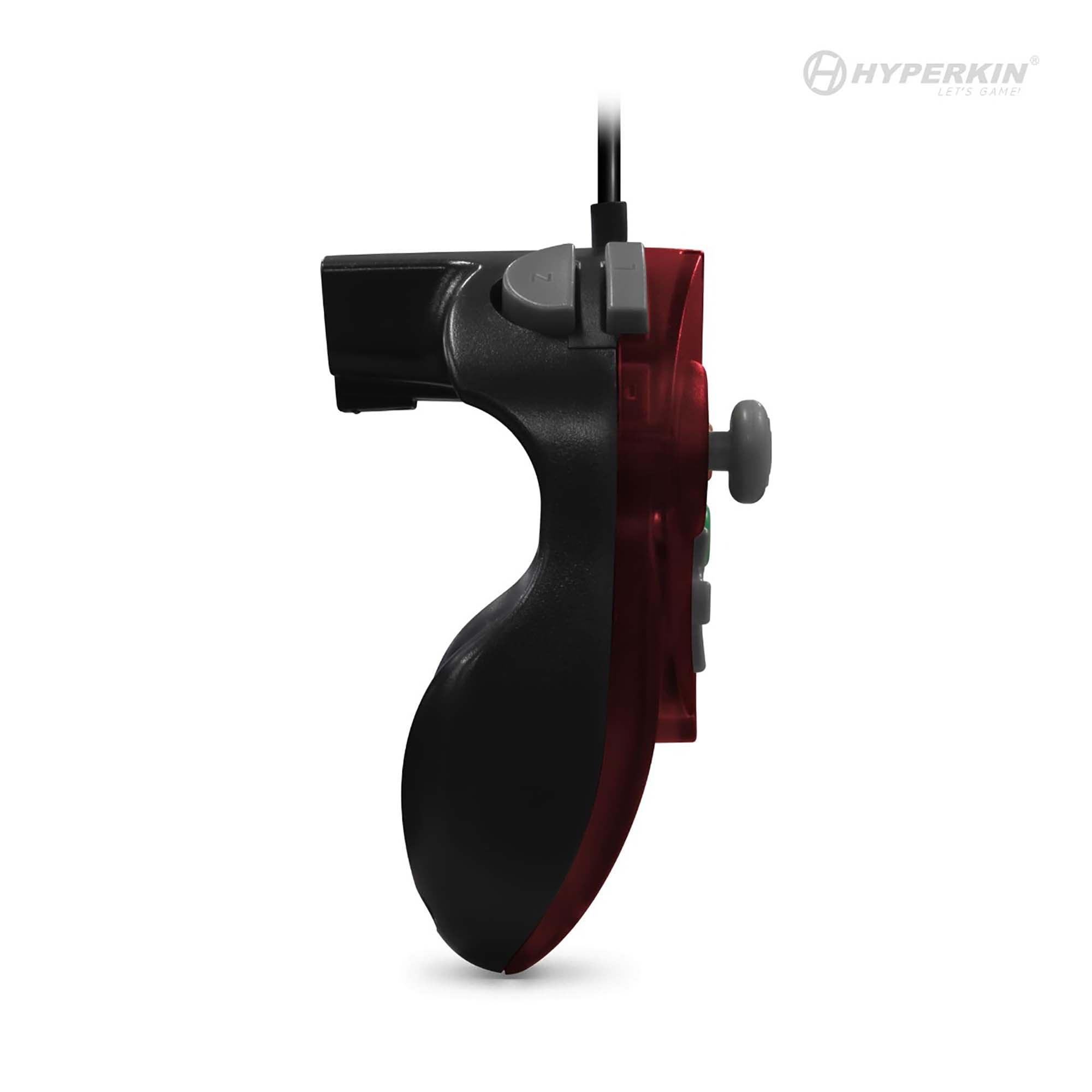 Side view of Hyperkin gaming controller with black ergonomic grip, red translucent panel, and top cable.