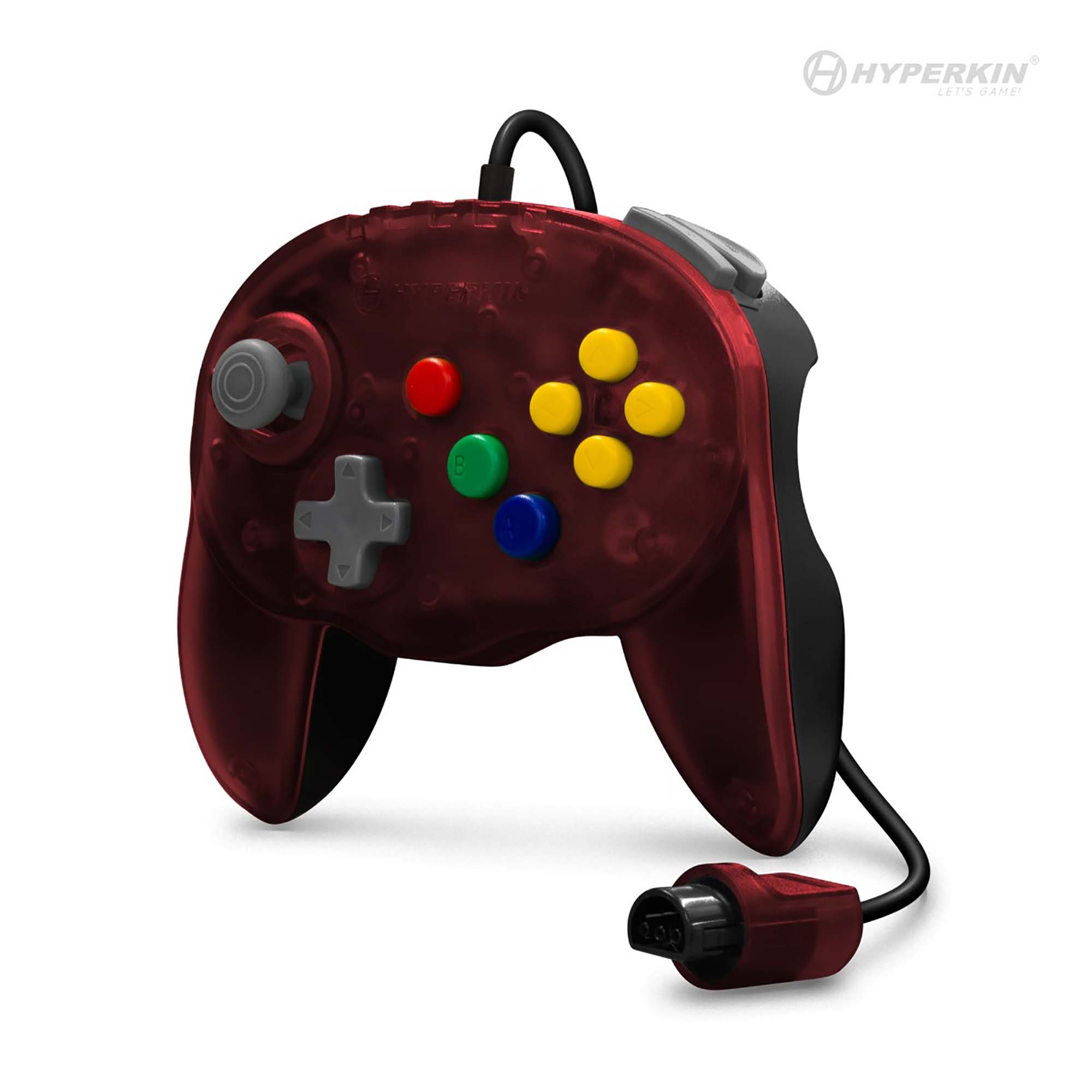 Red translucent Hyperkin video game controller with joystick, D-pad, and multicolor action buttons.