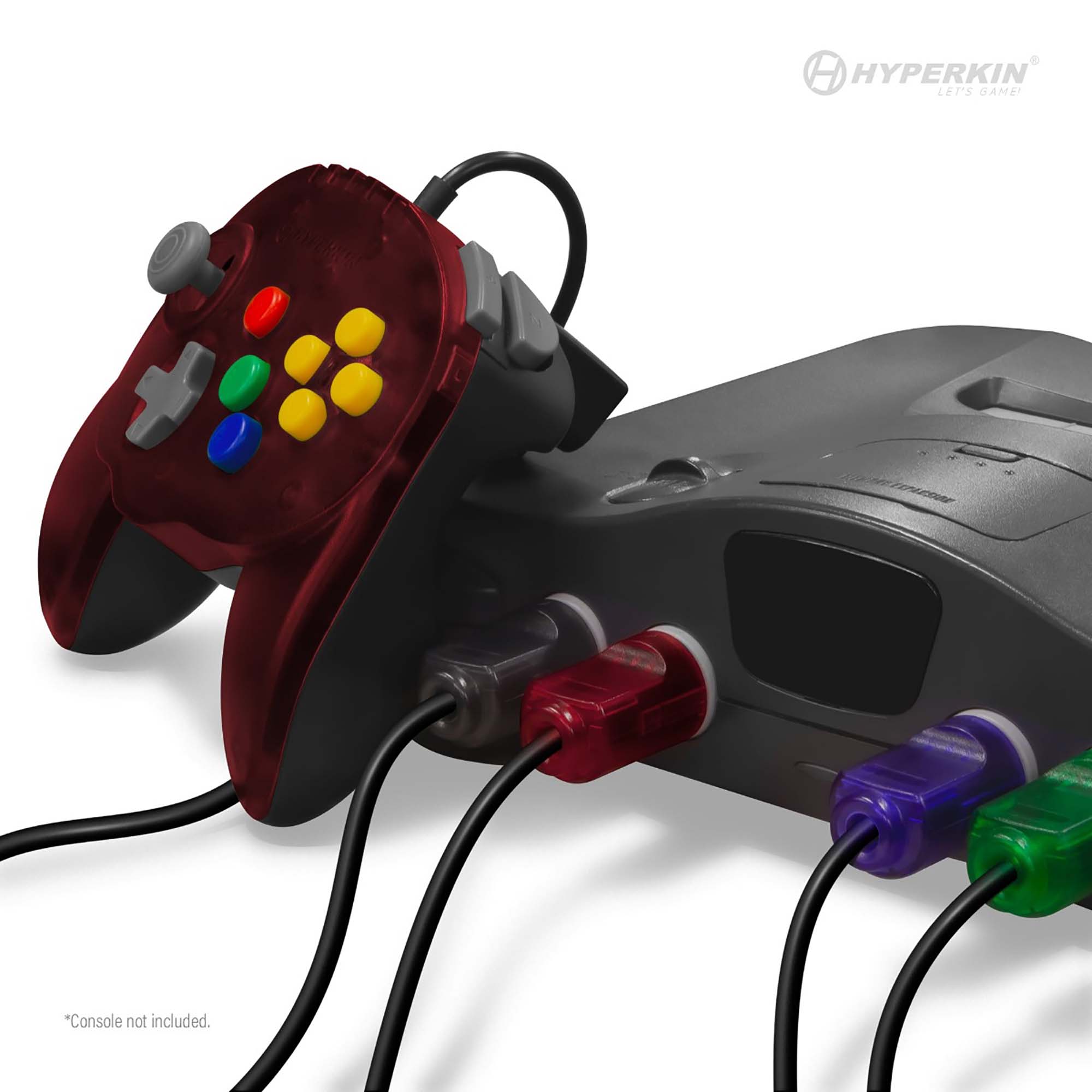 Translucent red Hyperkin gaming controller with colorful buttons and joystick connected to console with multi-colored cables.