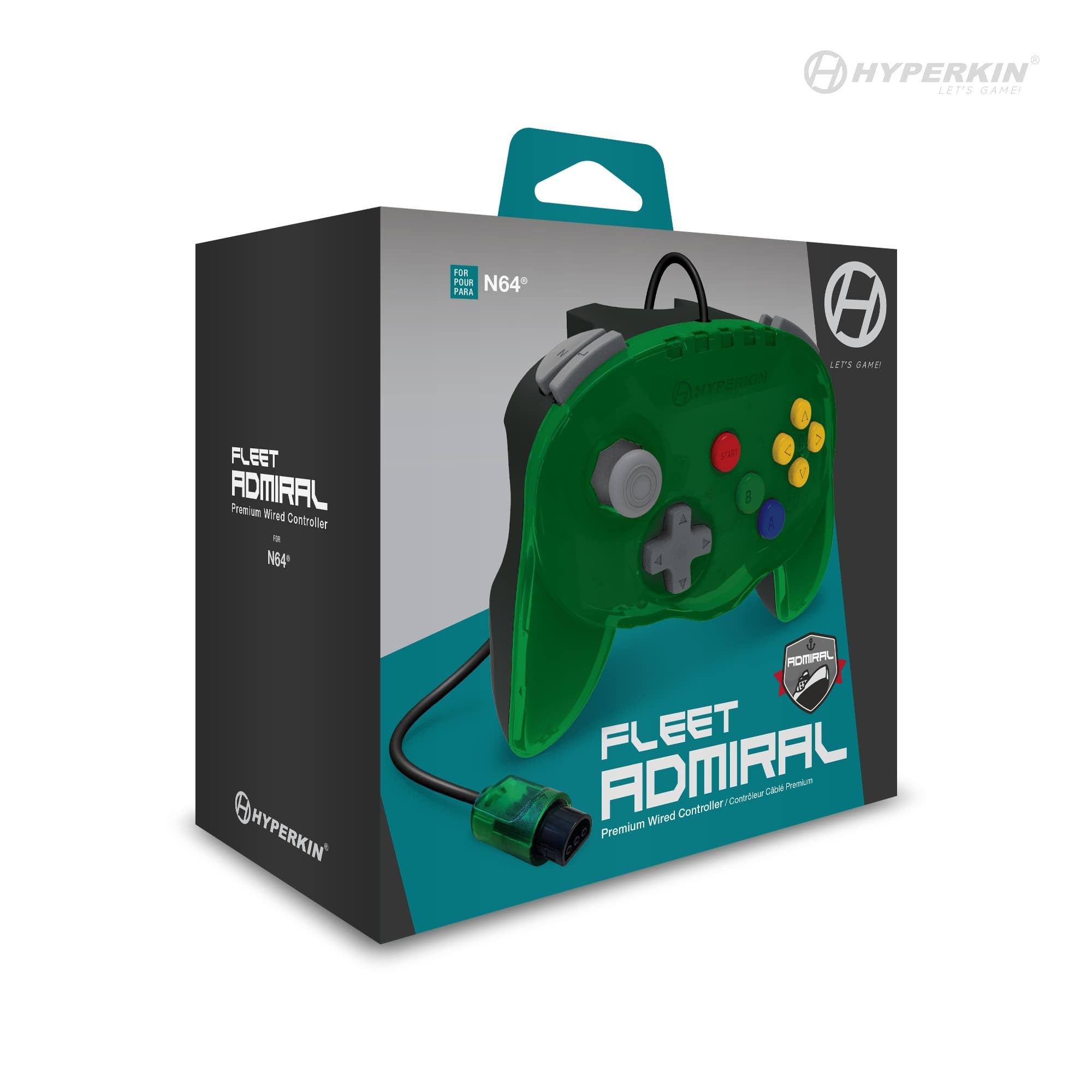 Product box for the Hyperkin Fleet Admiral Premium Wired Controller for N64, primarily black and teal with white text. The front of the box features an image of the green controller with a joystick, directional pad, and colored buttons (yellow, red, blue, green). The Hyperkin logo and slogan 'LET'S GAME' appear in the top right corner, with another logo in the bottom left. Text on the box reads "FLEET ADMIRAL Premium Wired Controller for N64".