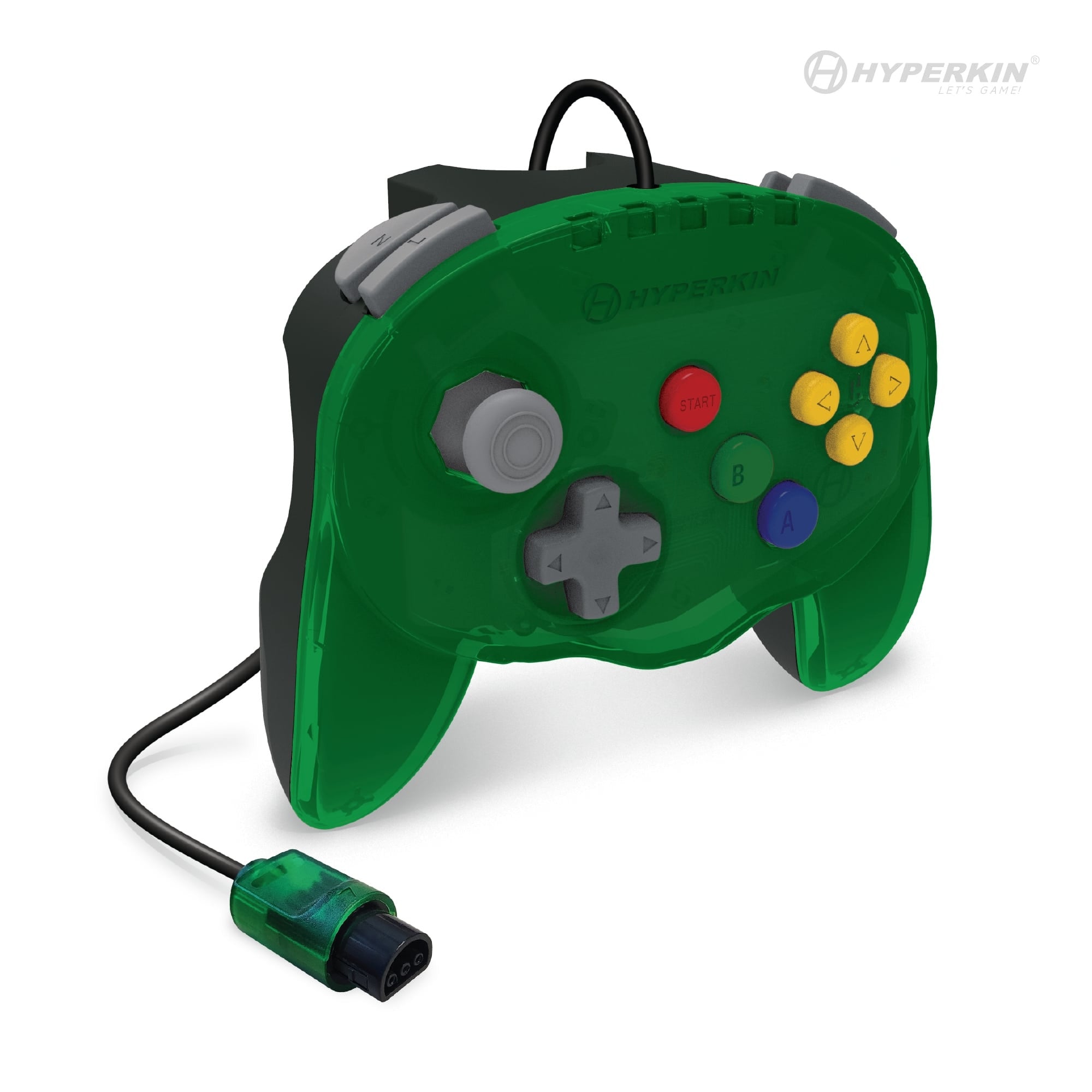 Green translucent Hyperkin game controller with classic design, gray joystick and D-pad, multicolor buttons, and wired connection.