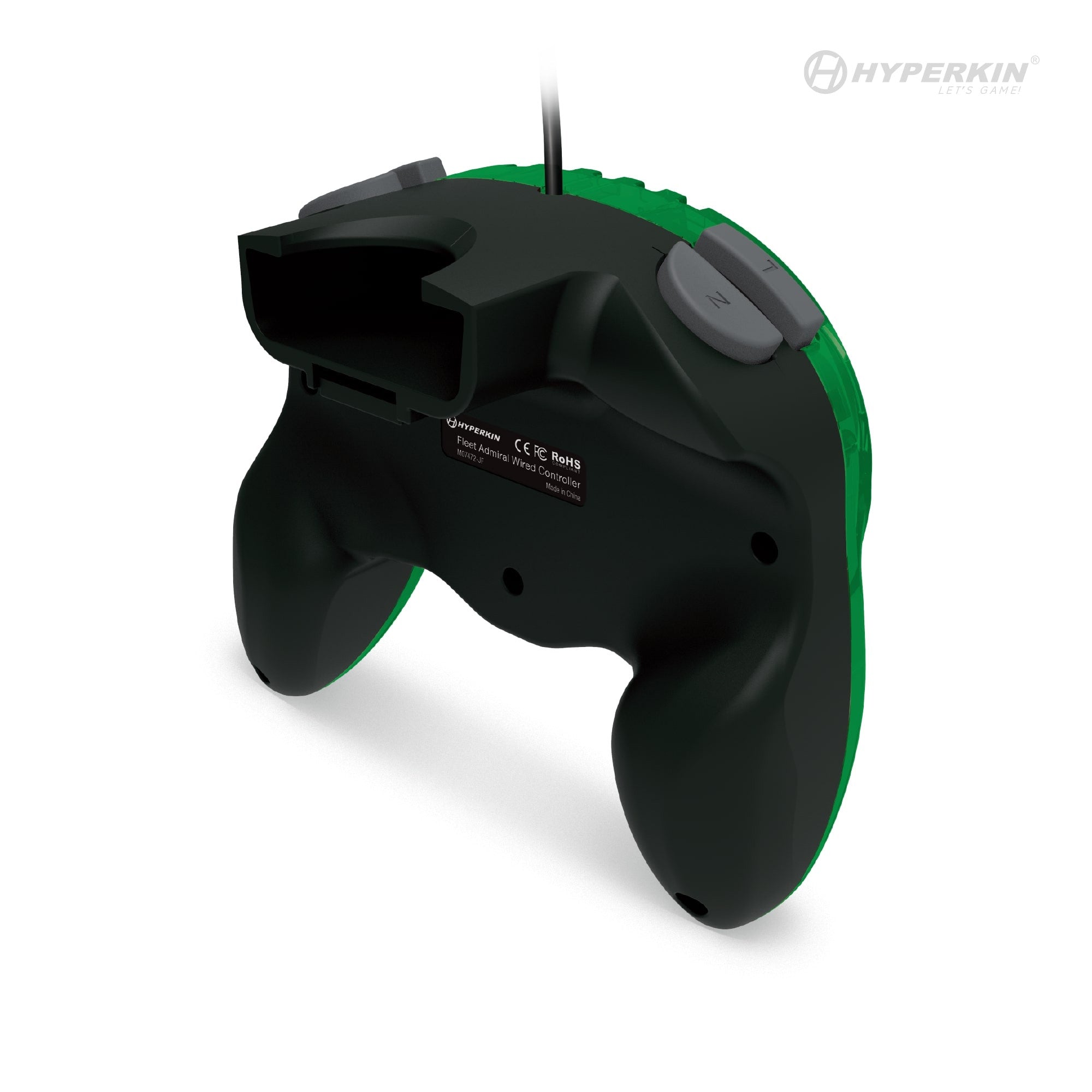 Back view of a black and green gaming controller with two gray shoulder buttons labeled 'Z' on each side. A cable extends from the top center. A label in the middle reads 'Hyperkin CE FC RoHS' with additional small text. The Hyperkin logo and slogan 'Let's Game!' appear in the top right corner.