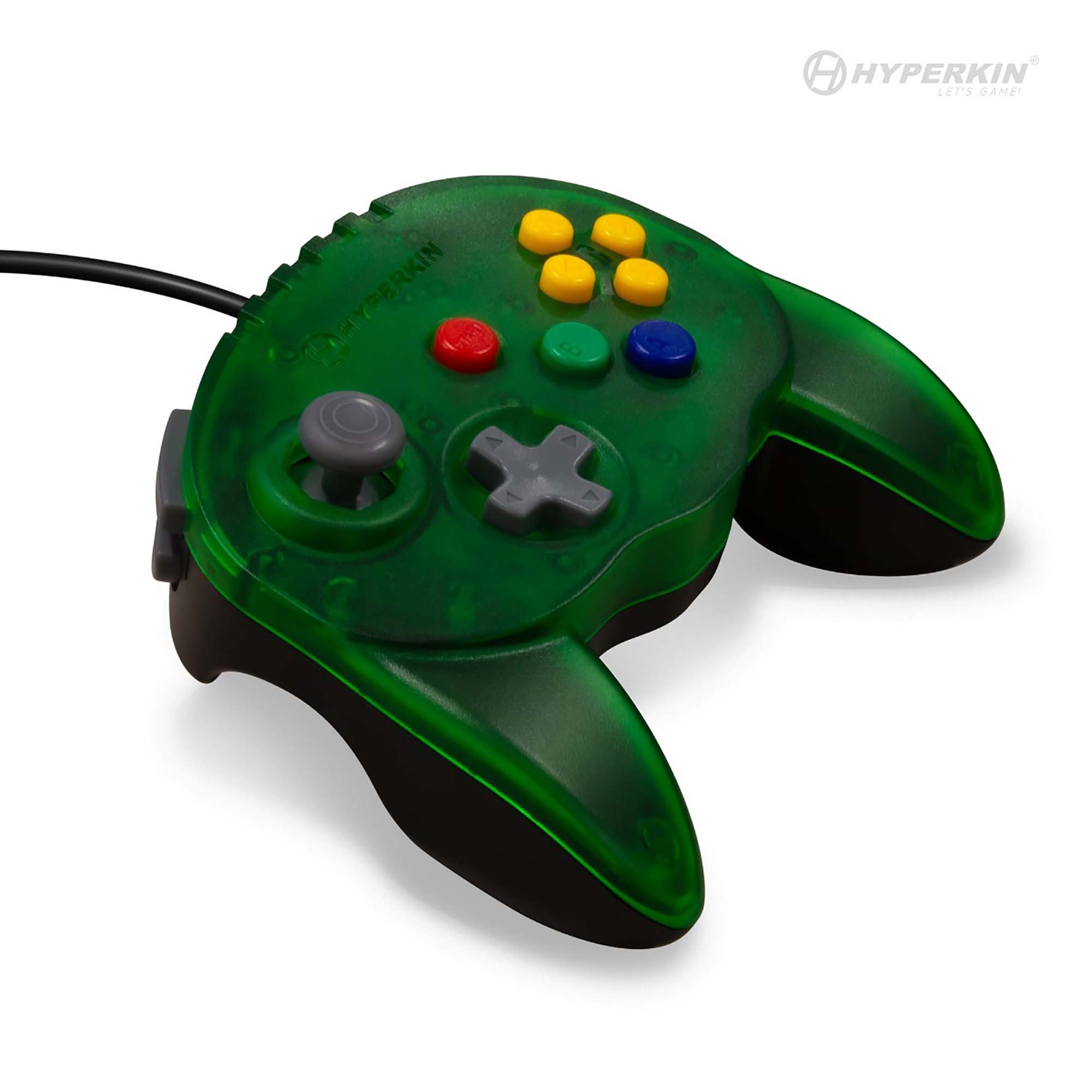 Green translucent Hyperkin wired video game controller featuring an analog stick on the left, a D-pad below it, and six buttons on the right: four yellow C-buttons in a diamond layout, a red 'B' button, and a blue 'A' button. The Hyperkin logo and slogan 'Let's Game!' appear in the top right corner.