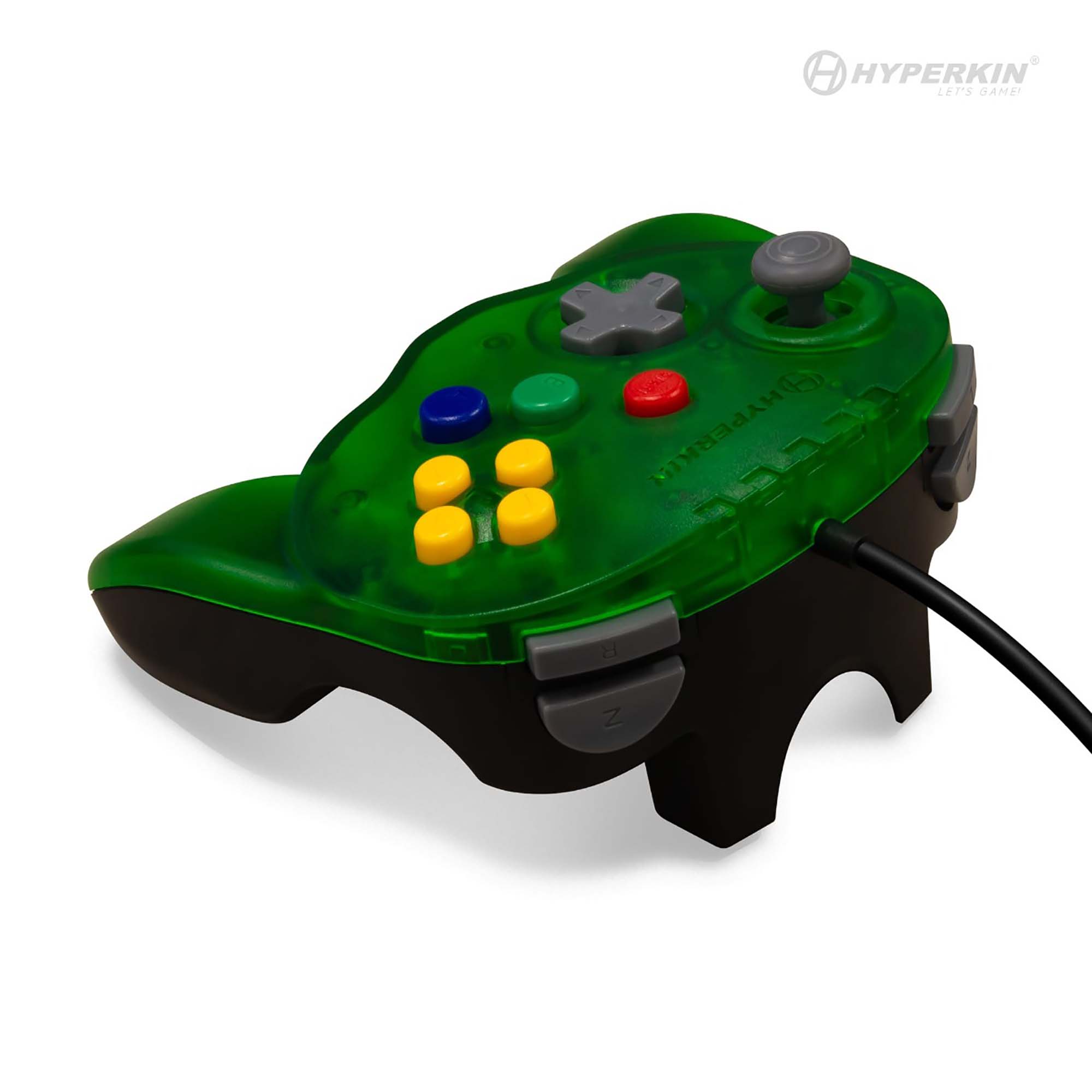 Hyperkin video game controller with a green translucent top and black base, featuring a gray directional pad, analog stick, four yellow C-buttons, red A-button, green B-button, blue button, and two gray shoulder buttons labeled 'Z'. The Hyperkin logo and slogan 'Let's Game!' appear in the top right corner.