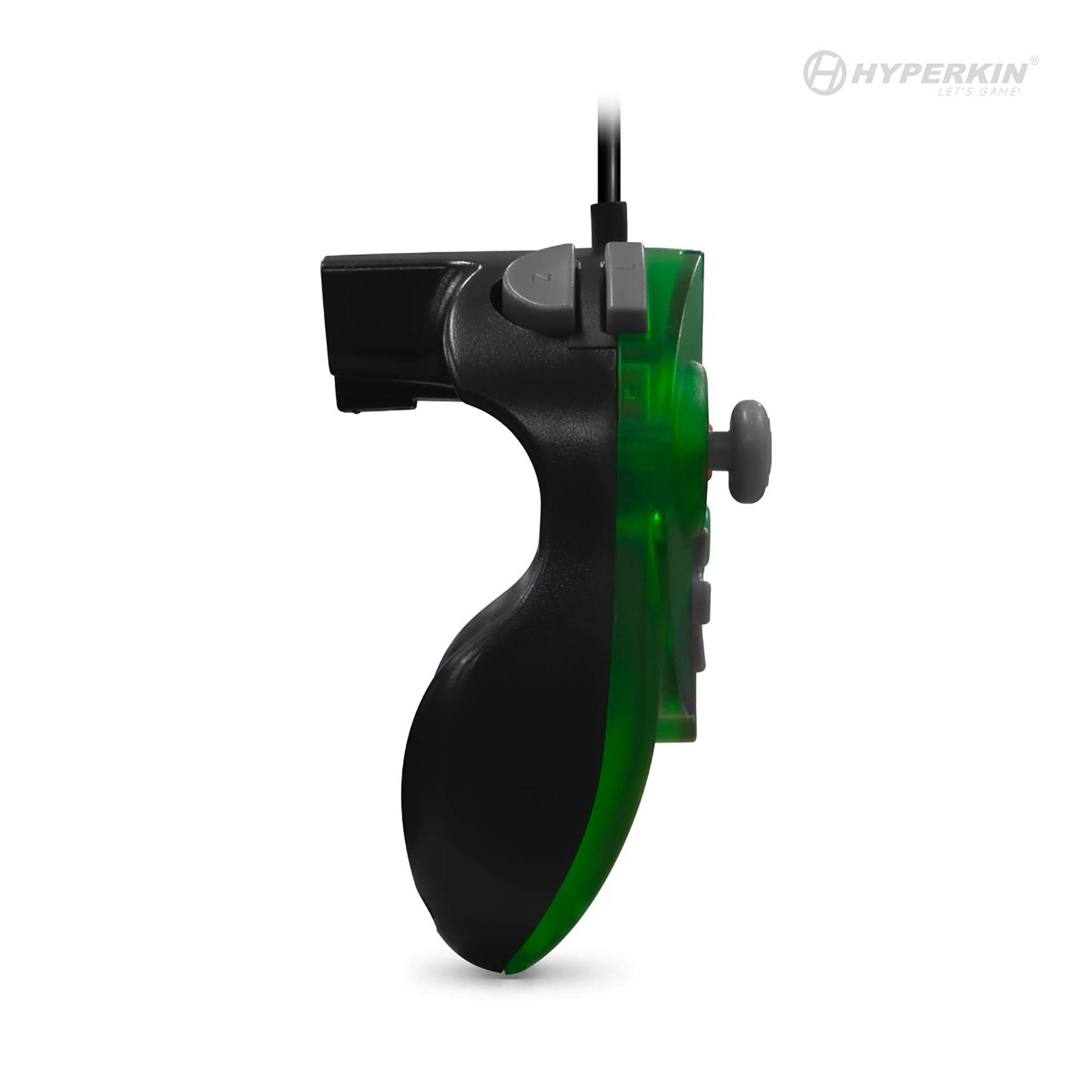 Side view of a gaming controller with a green translucent casing and black handle, featuring a joystick and trigger buttons. The Hyperkin logo and slogan 'Let's Game!' appear in the top right corner.